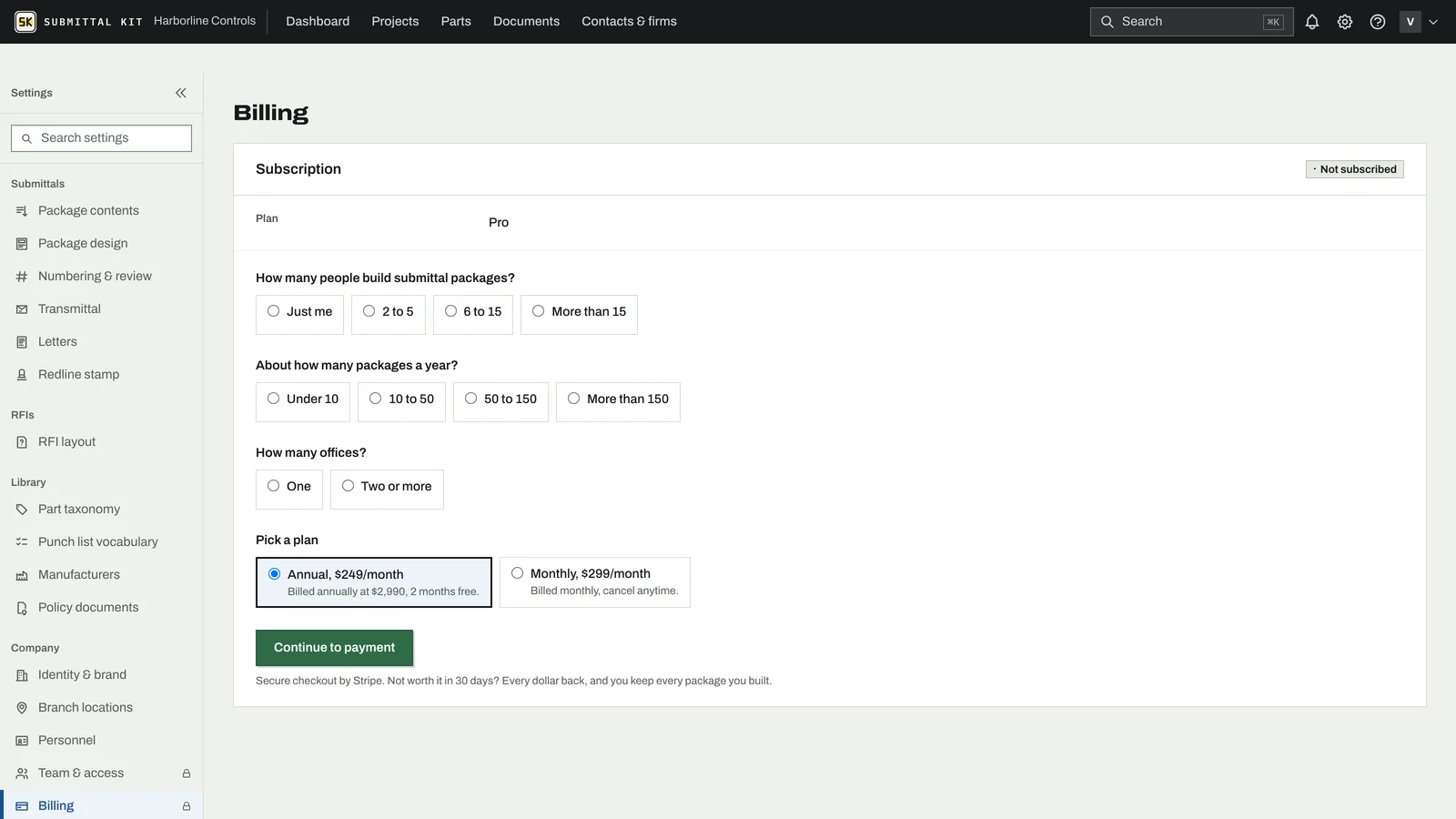 Billing for a new workspace: three questions, then Annual or Monthly to open it