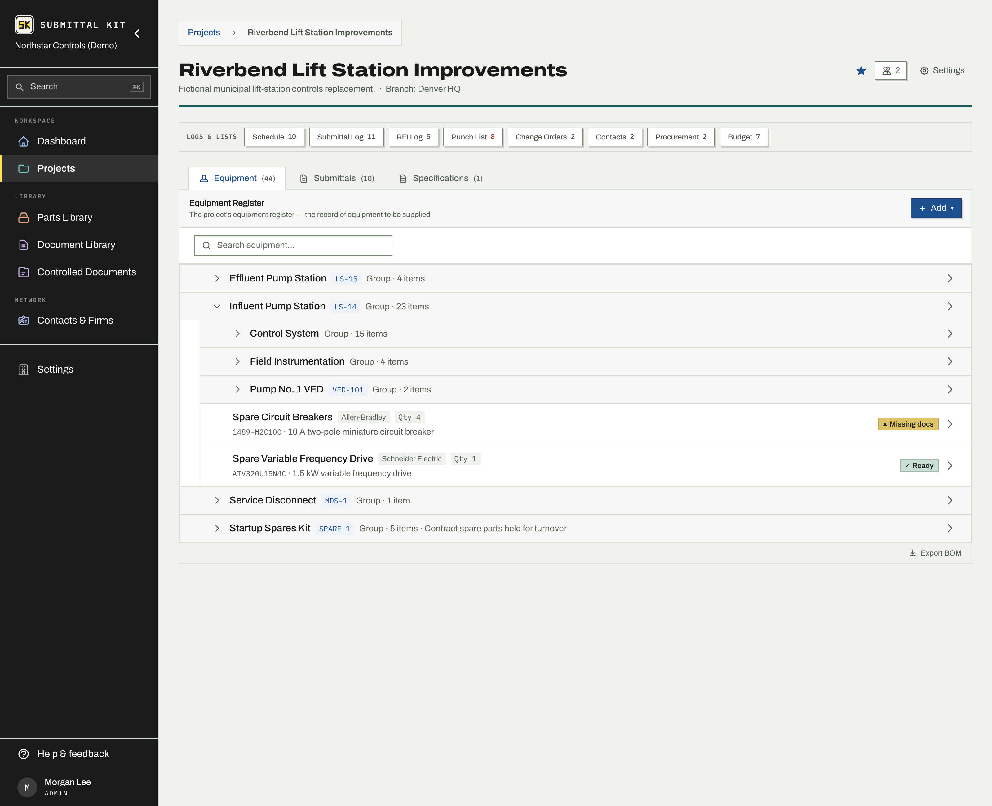 The Equipment Register: stations, panels, and the equipment inside them, with every log one click away