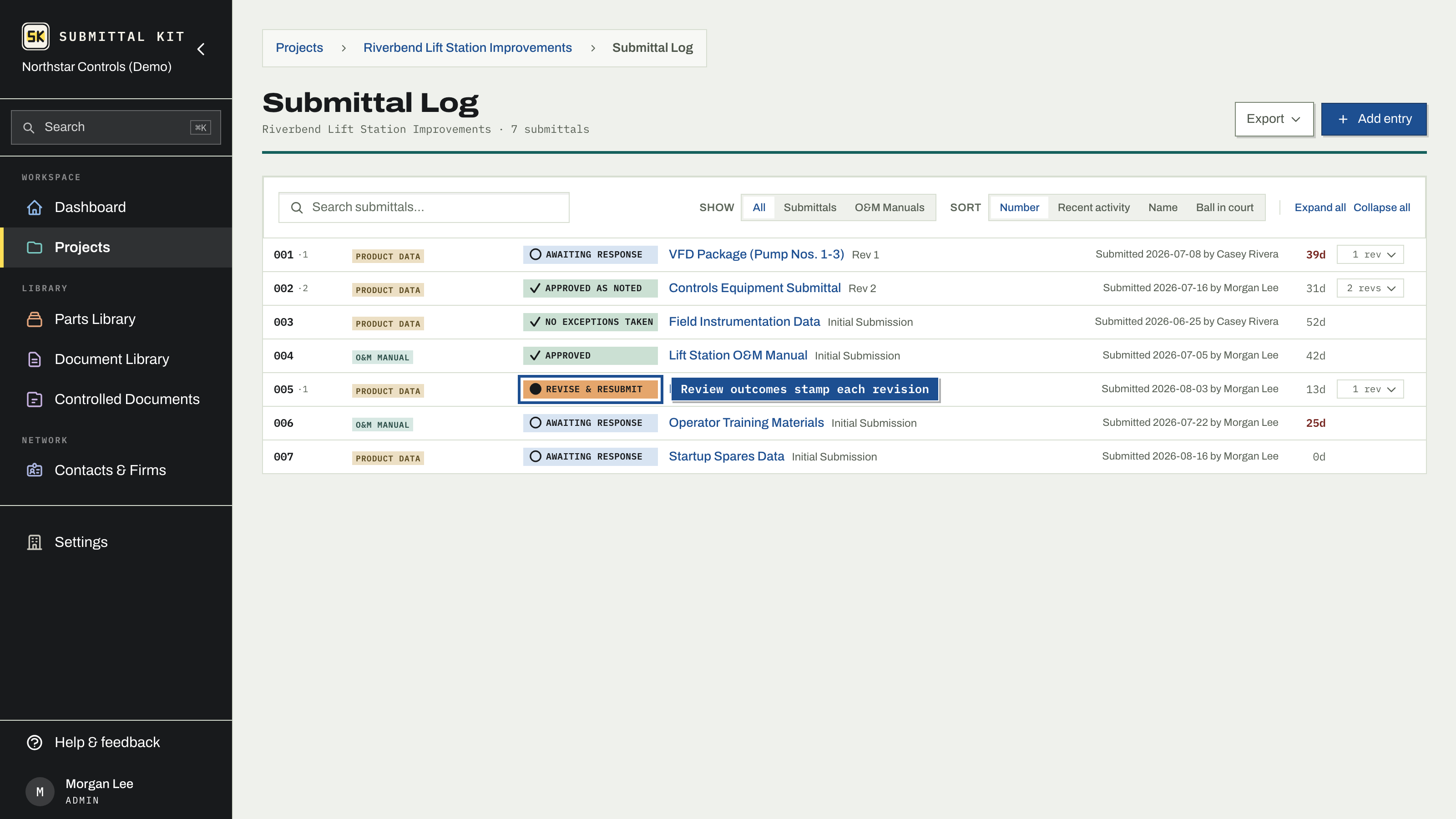 The submittal log: review stamps, ball-in-court glyphs, and day counts per revision