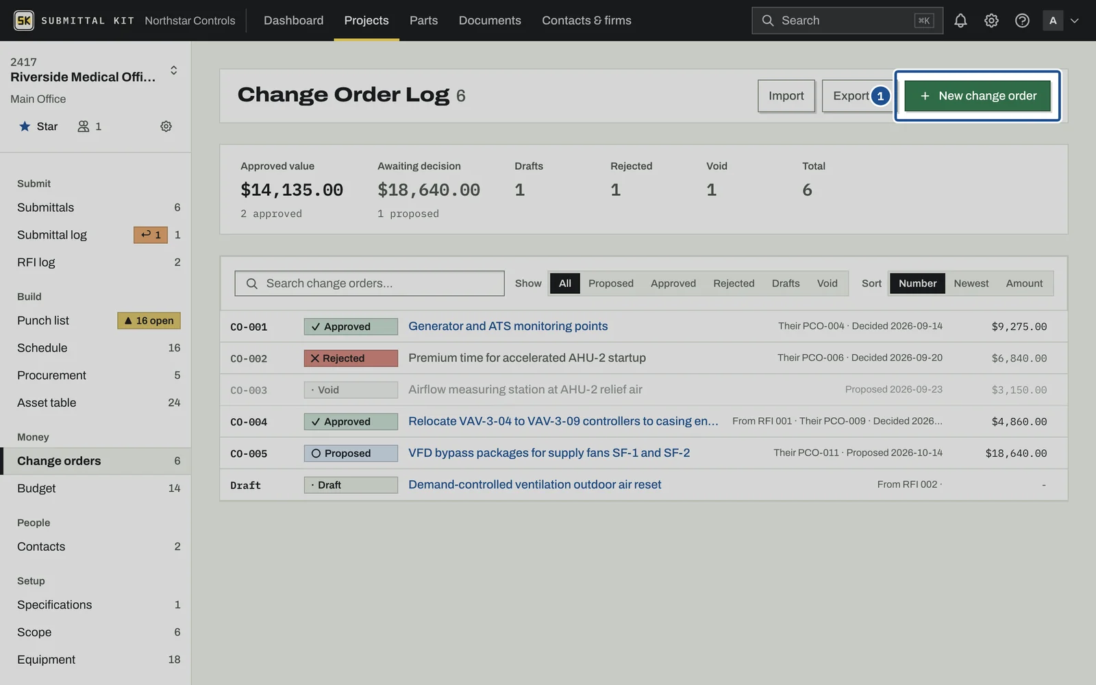Change Orders, step 1: the screen with the control outlined