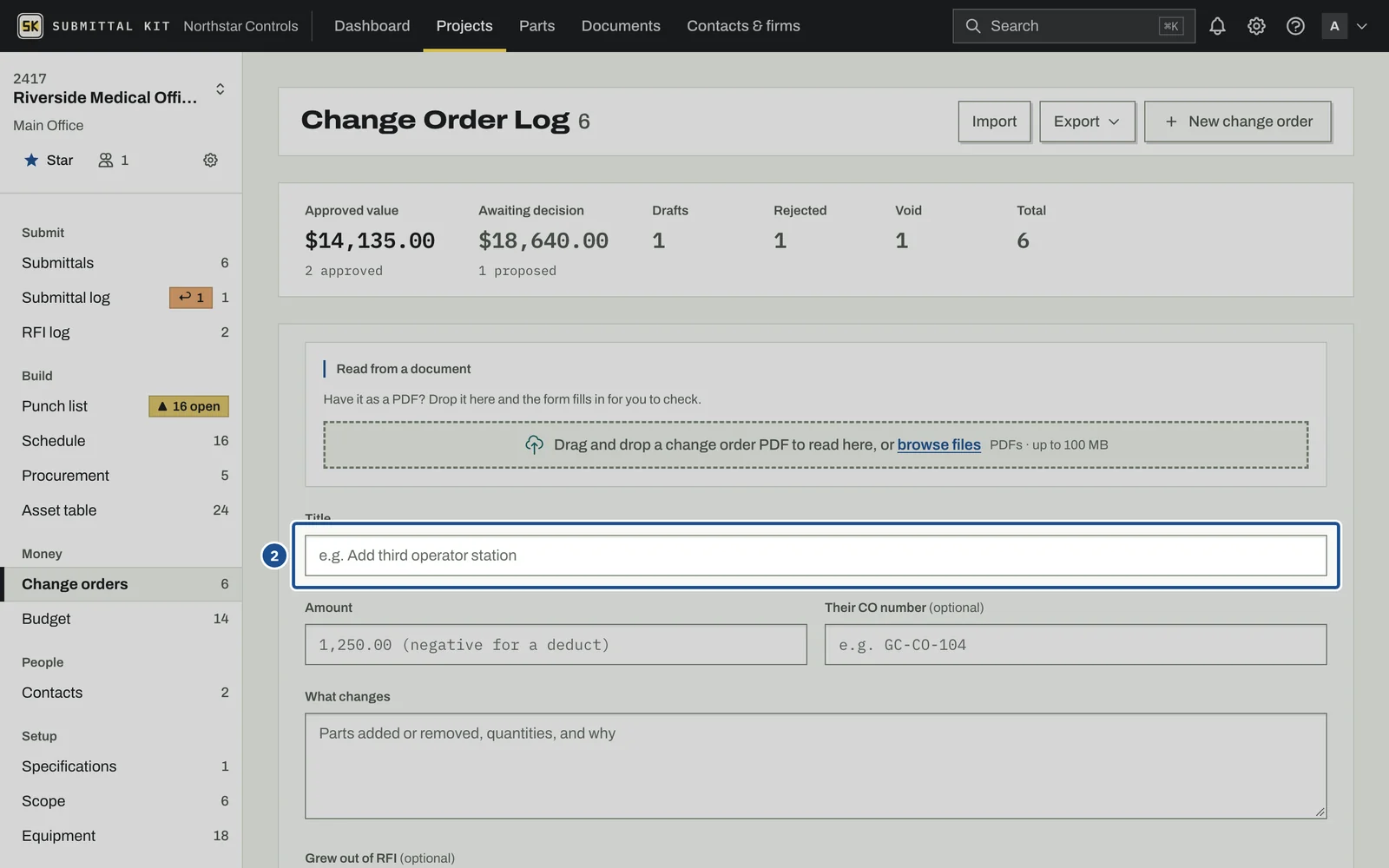 Change Orders, step 2: the screen with the control outlined