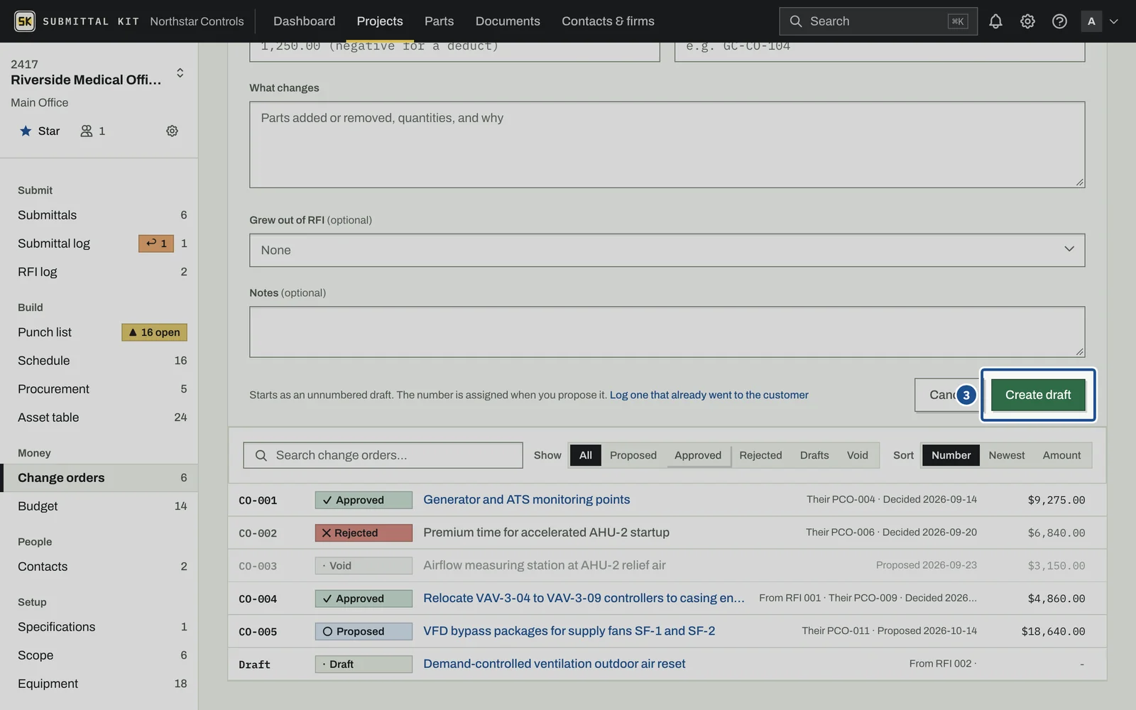 Change Orders, step 3: the screen with the control outlined