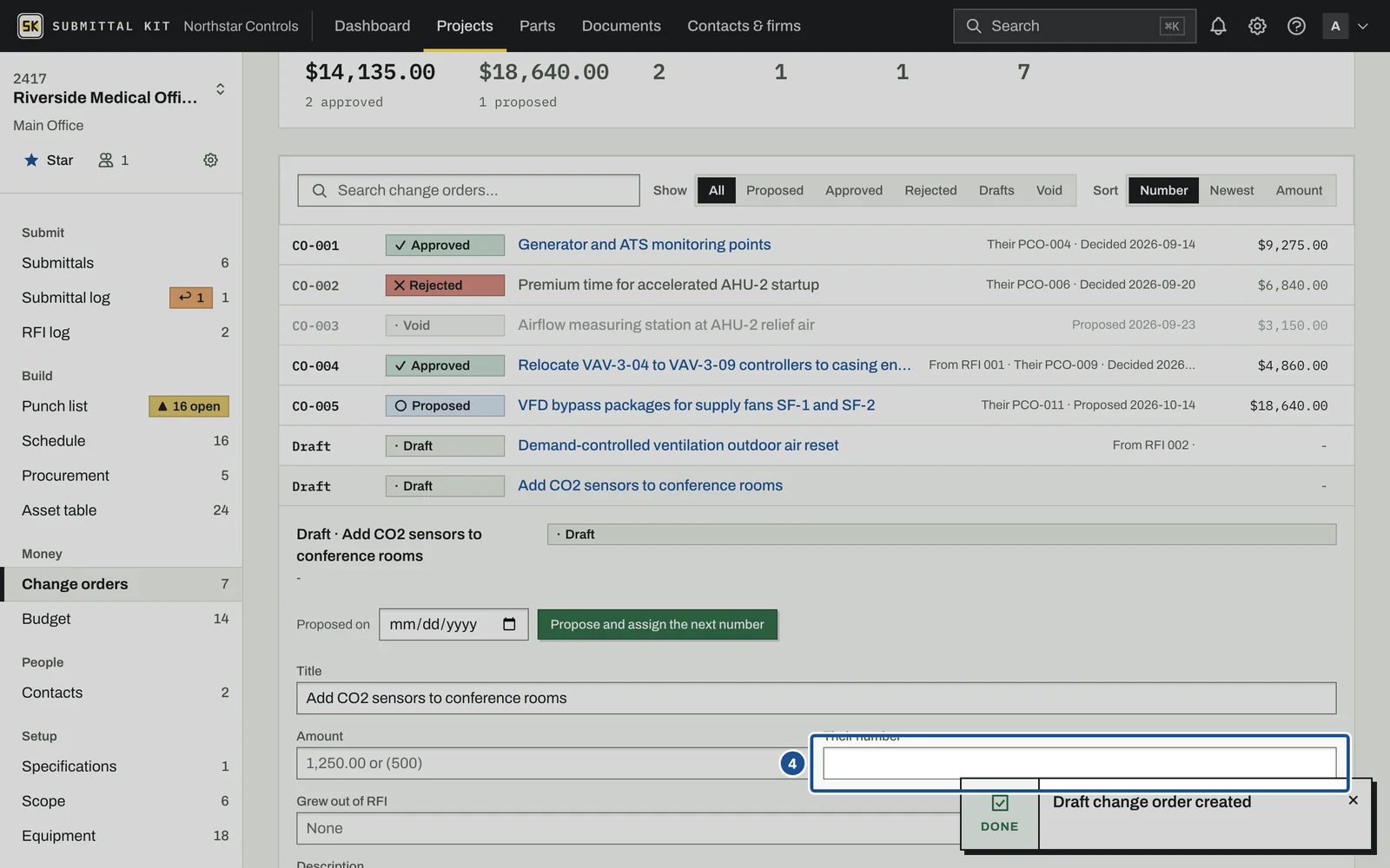 Change Orders, step 4: the screen with the control outlined