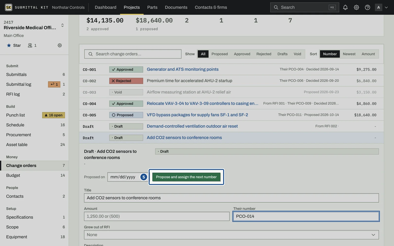 Change Orders, step 5: the screen with the control outlined