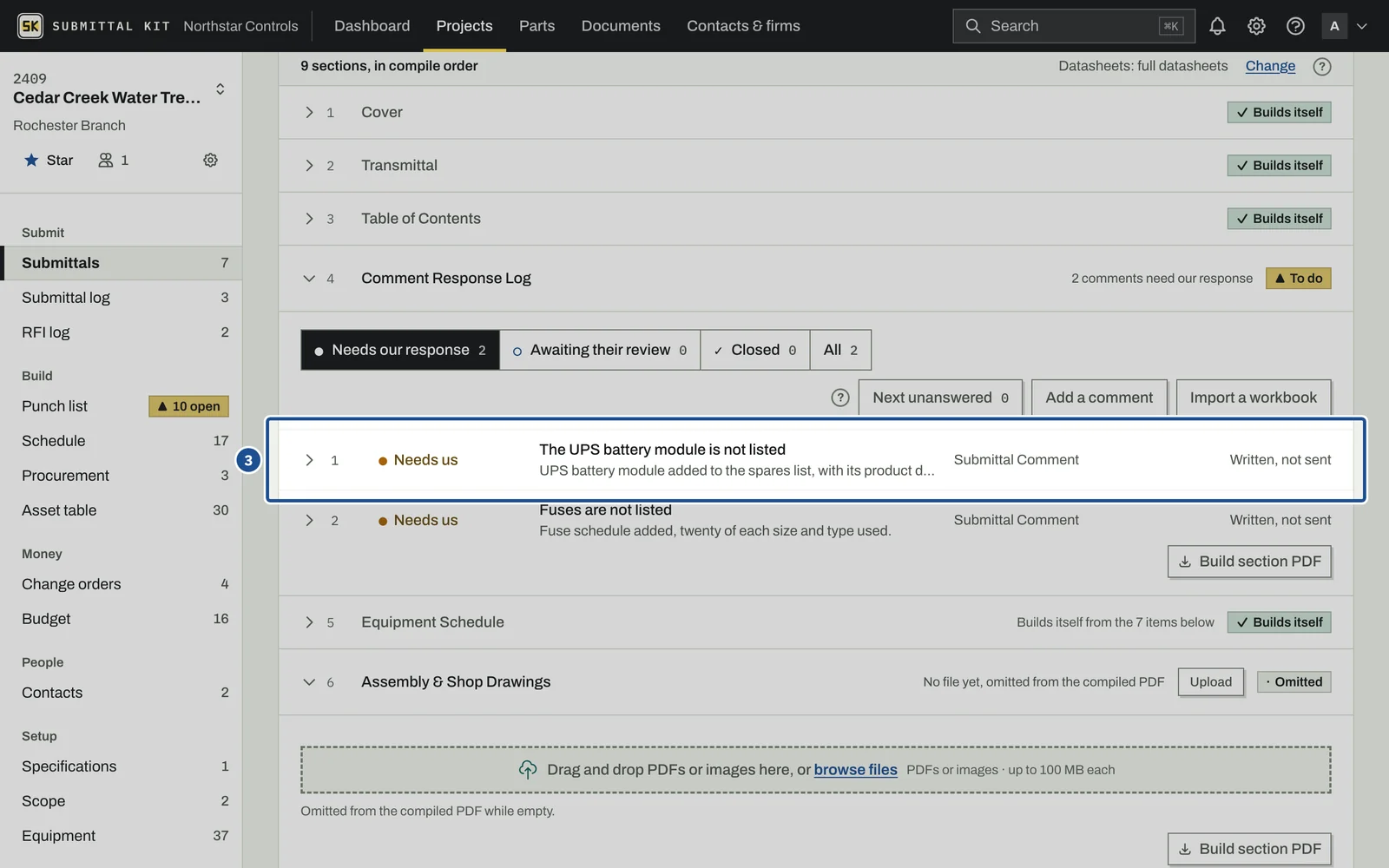 Comment Response Log, step 3: the screen with the control outlined