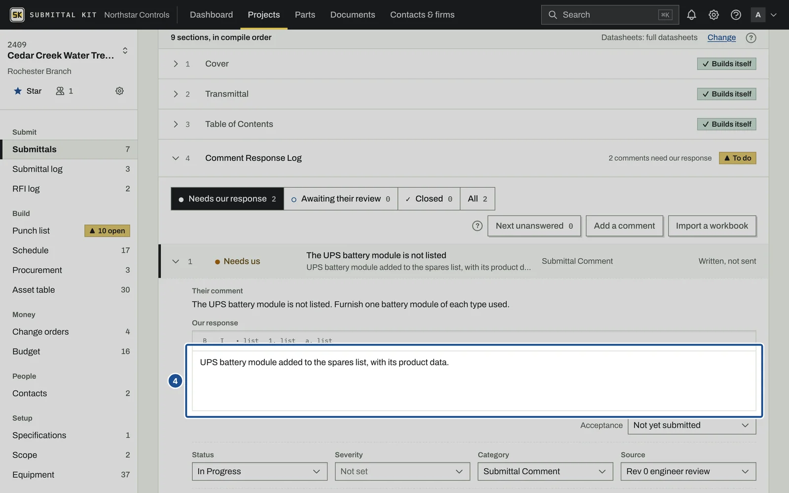 Comment Response Log, step 4: the screen with the control outlined
