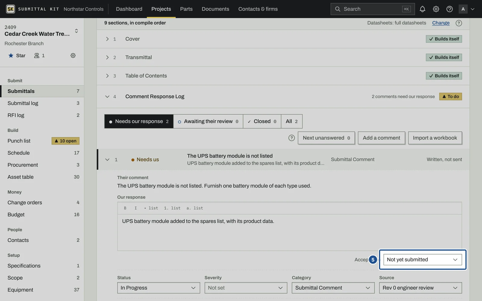 Comment Response Log, step 5: the screen with the control outlined