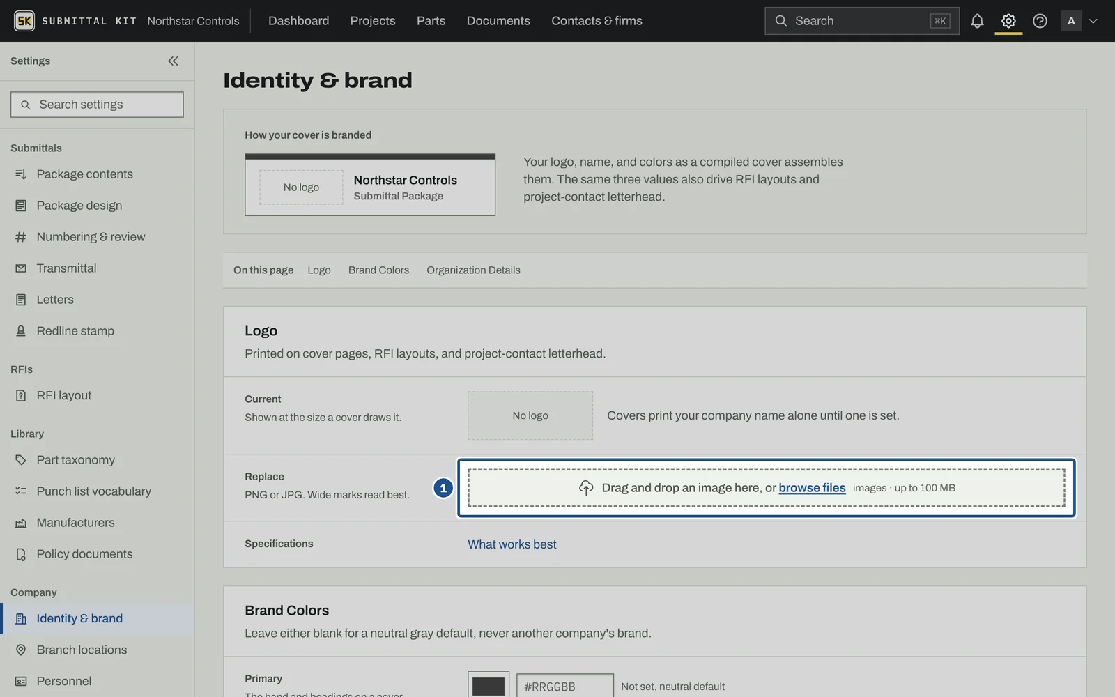 Company Identity, step 1: the screen with the control outlined