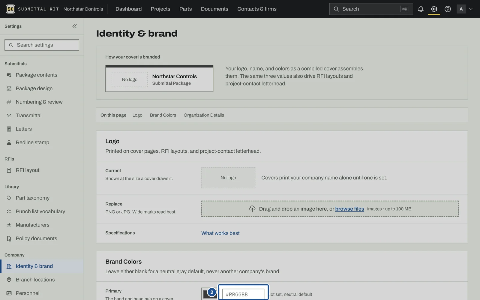 Company Identity, step 2: the screen with the control outlined
