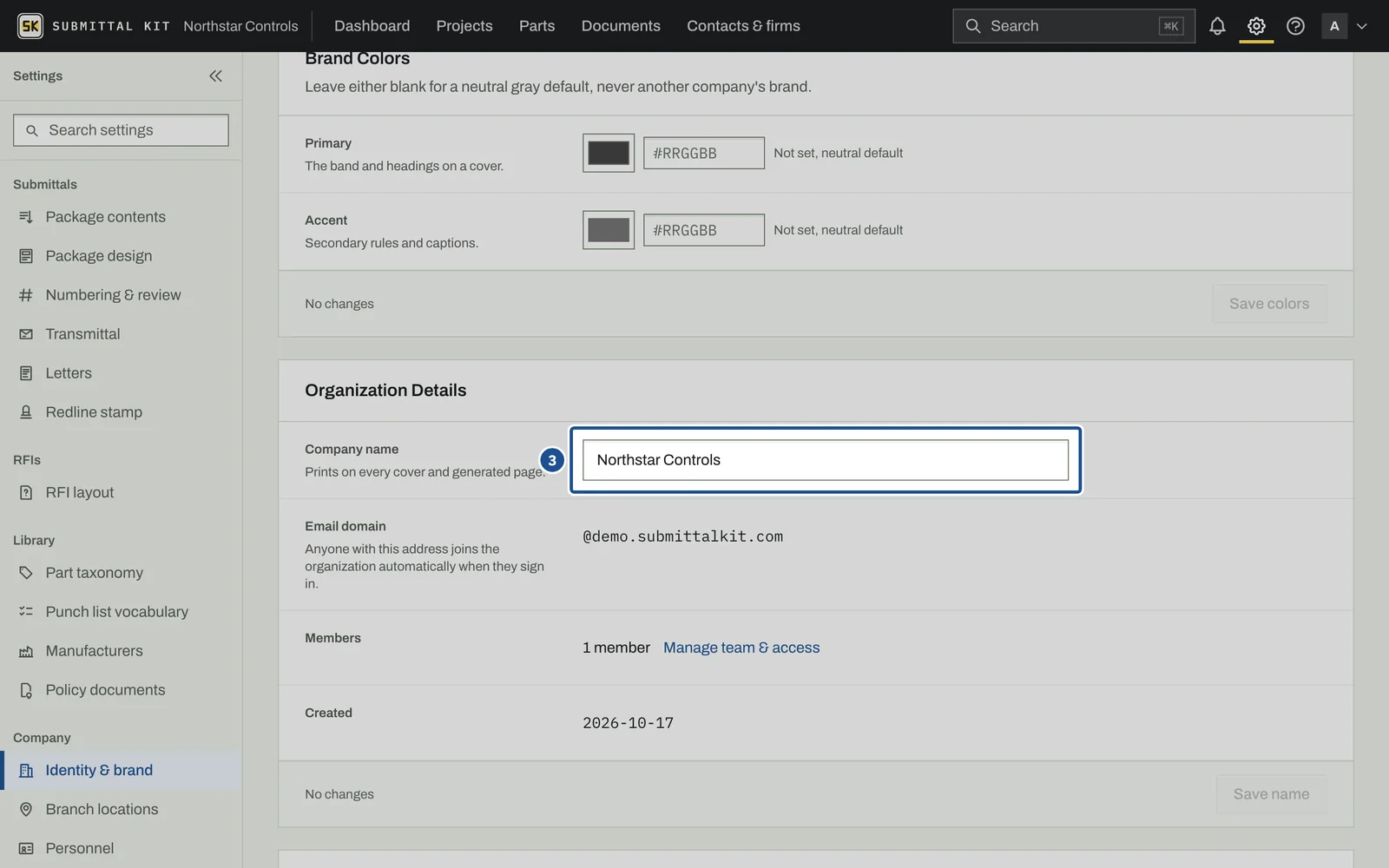 Company Identity, step 3: the screen with the control outlined
