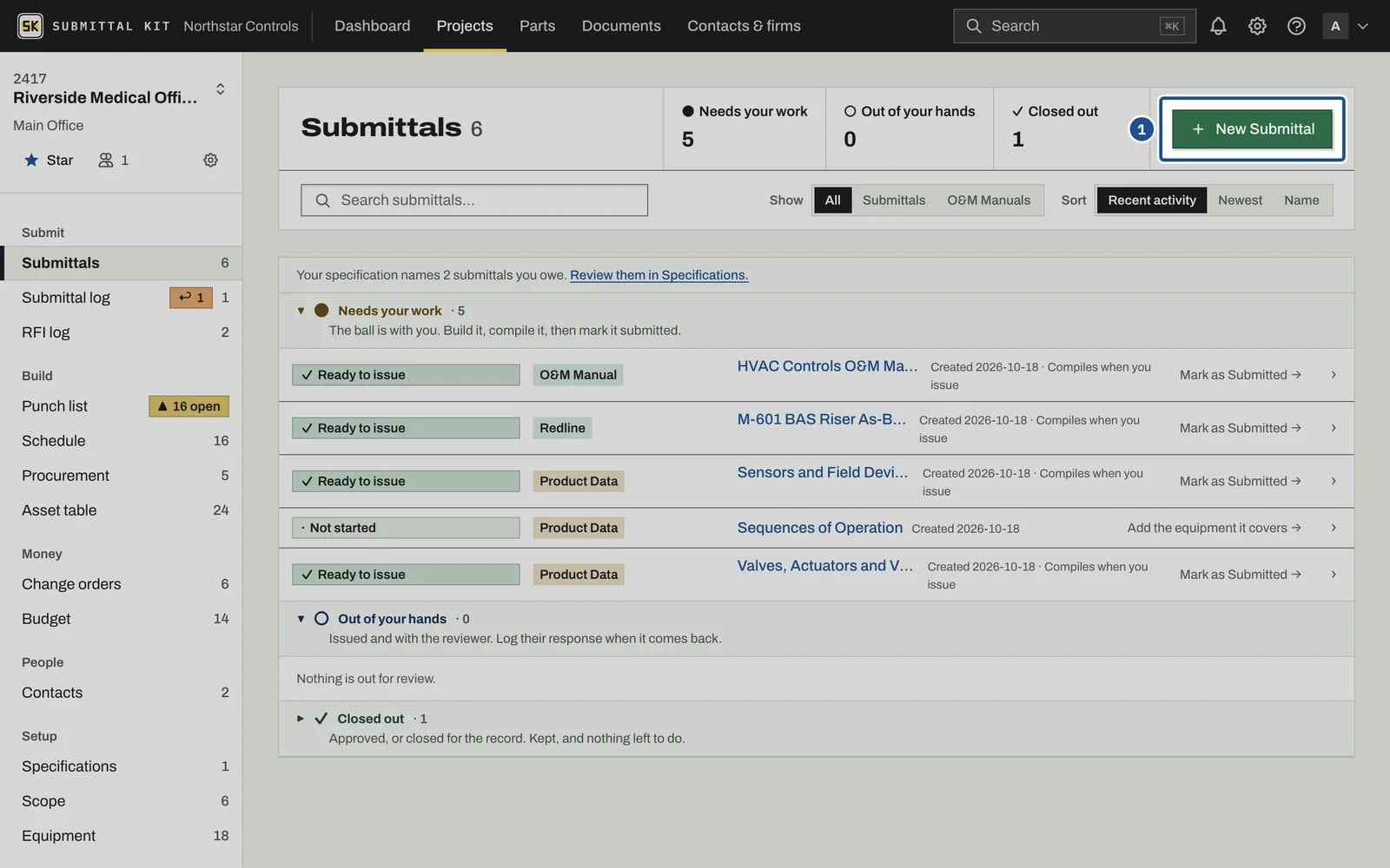 Compile a Submittal, step 1: the screen with the control outlined