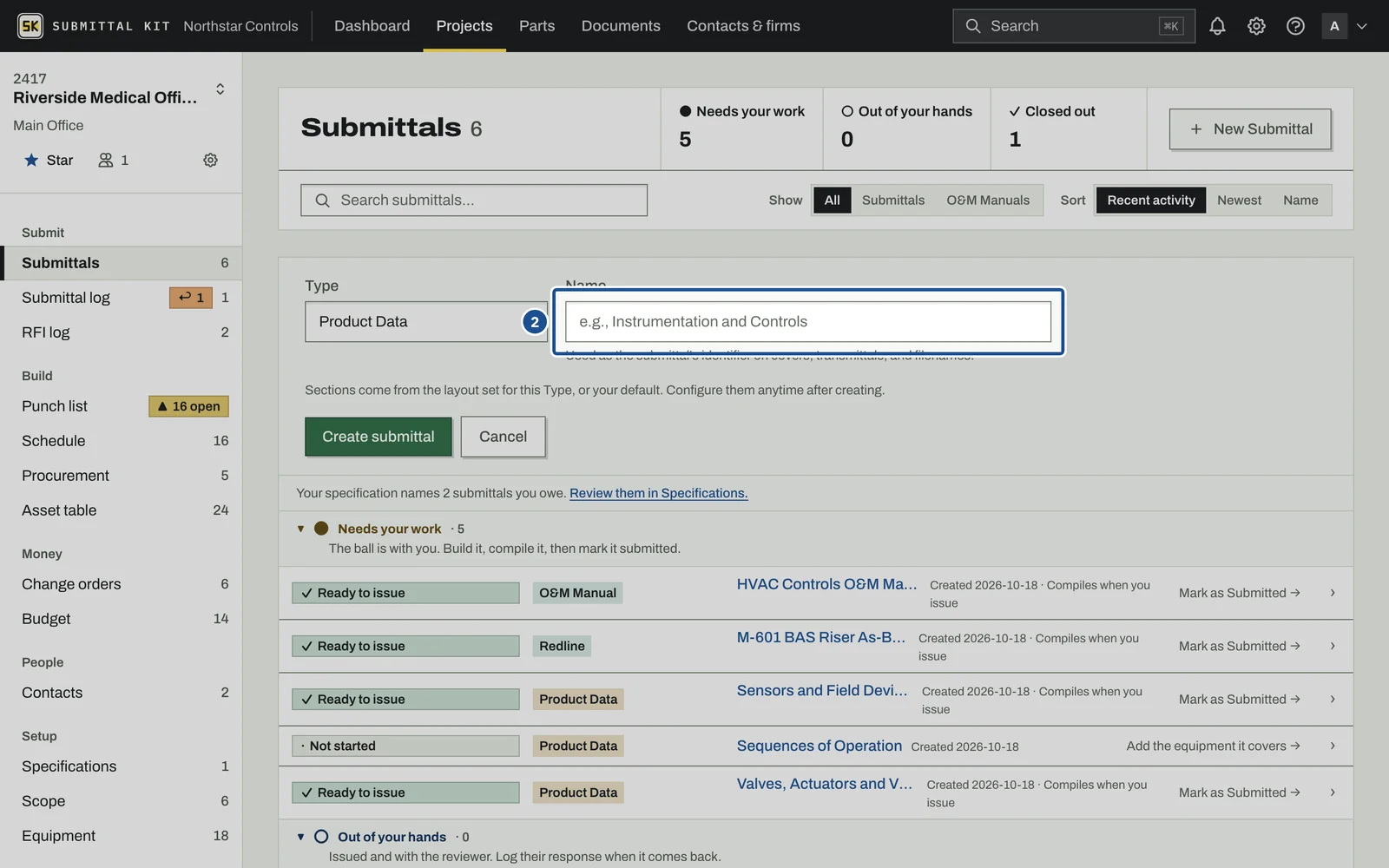 Compile a Submittal, step 2: the screen with the control outlined