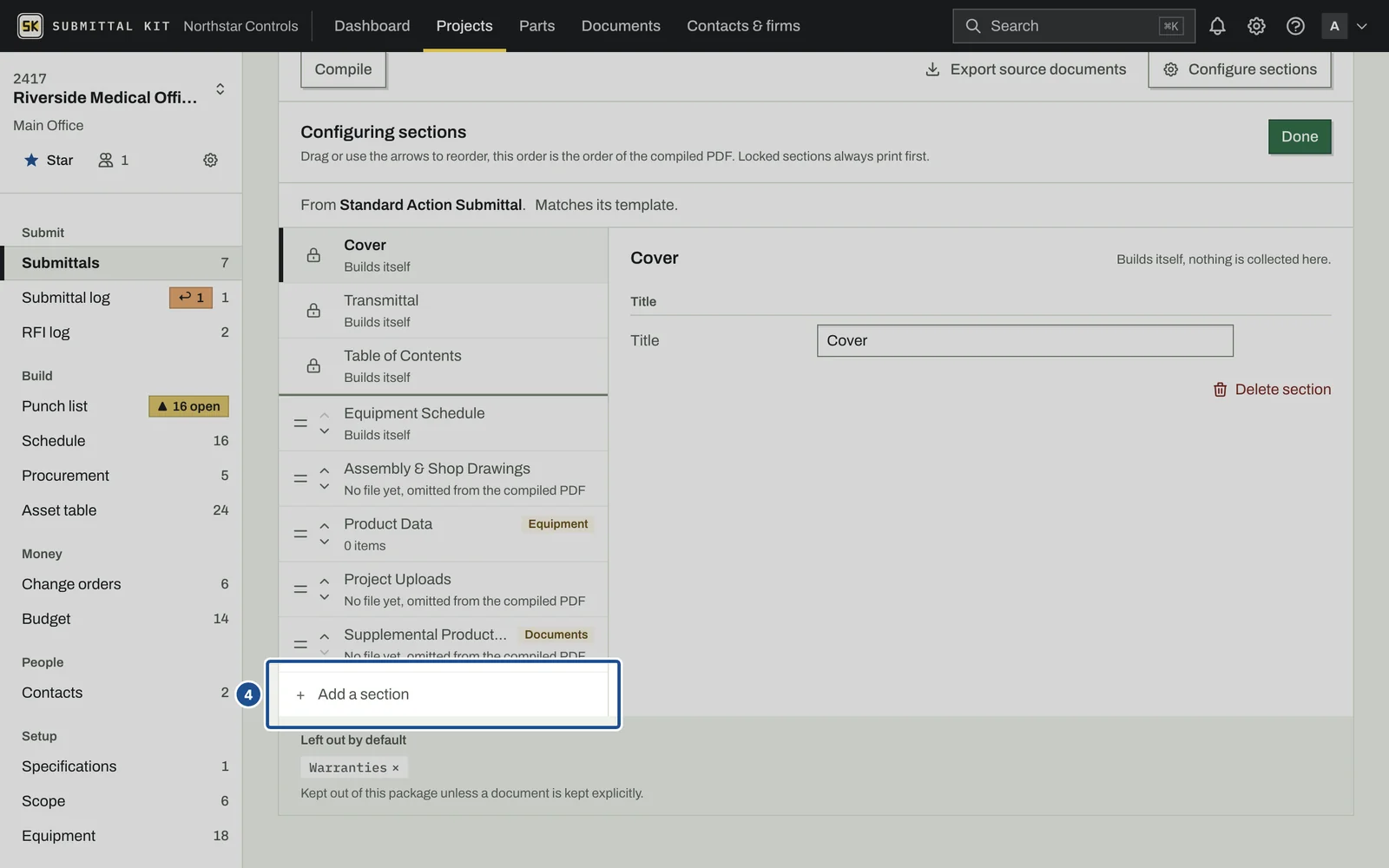 Configure Sections, step 4: the screen with the control outlined