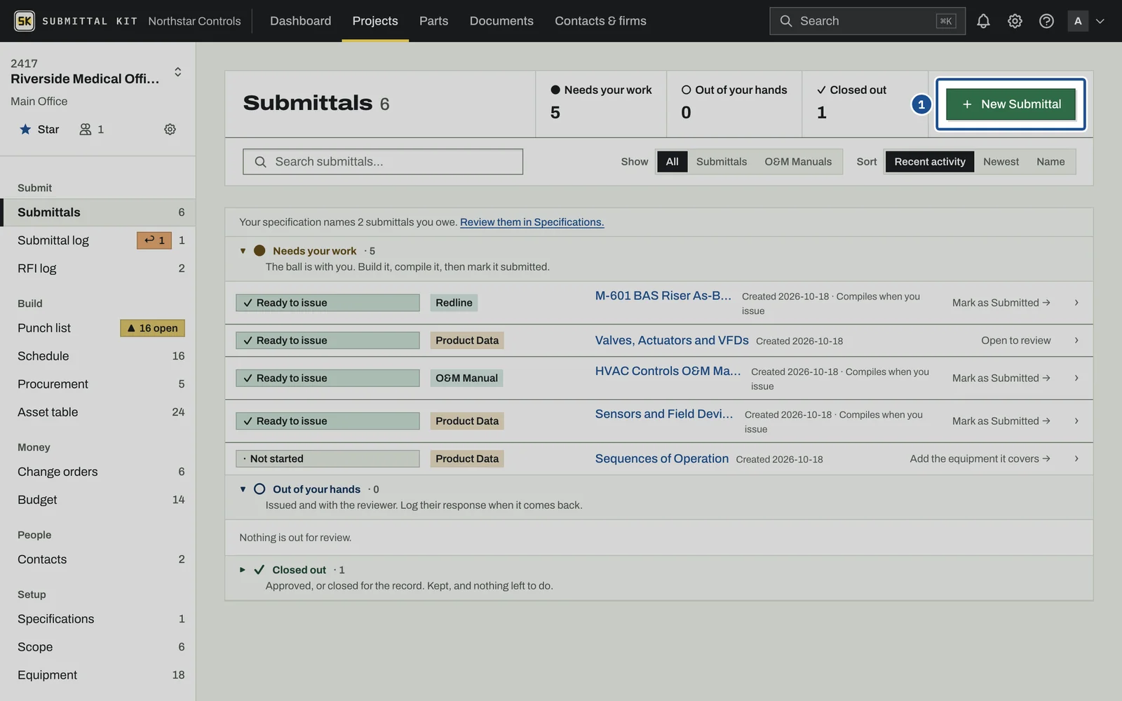 Create a Submittal, step 1: the screen with the control outlined