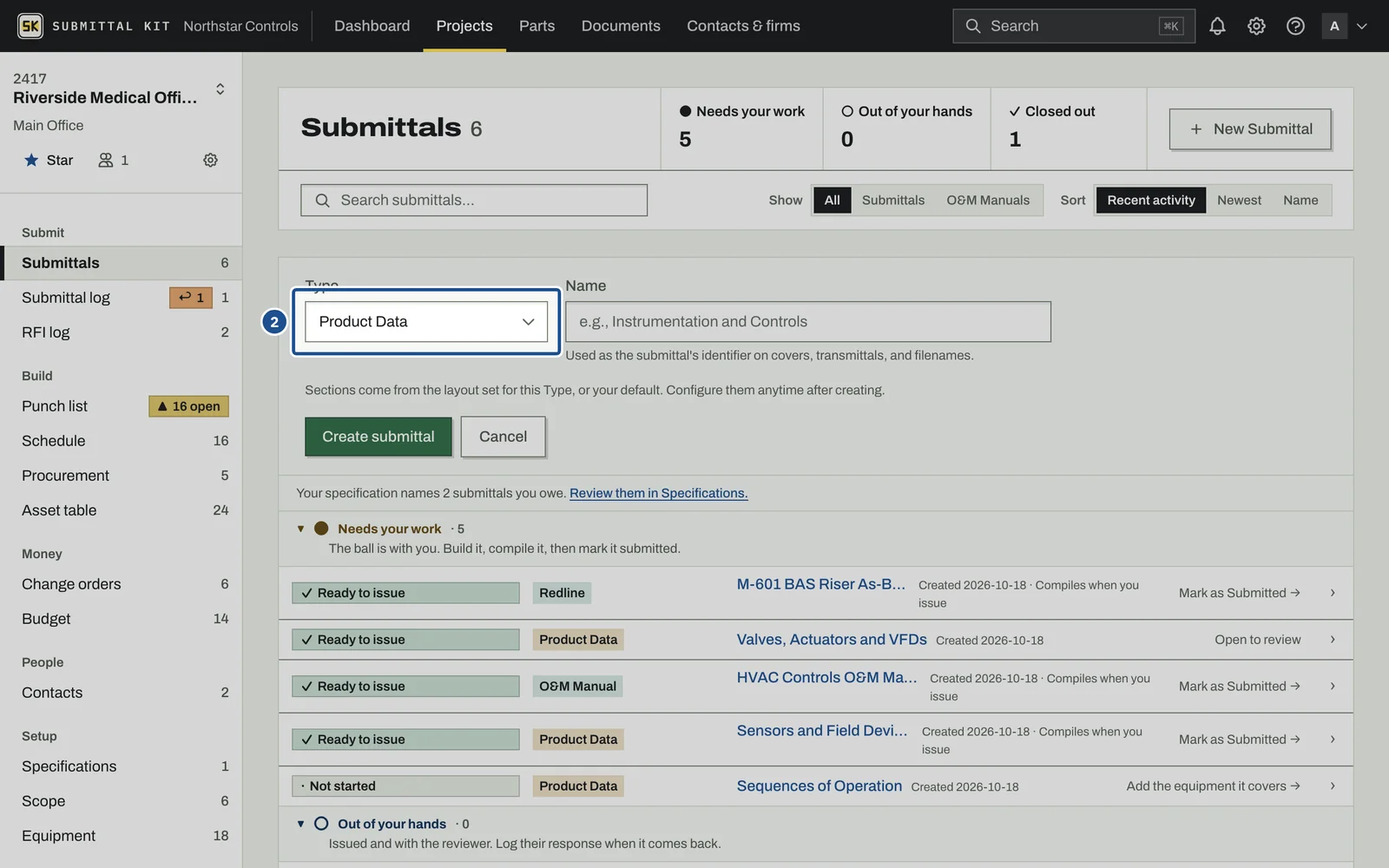 Create a Submittal, step 2: the screen with the control outlined