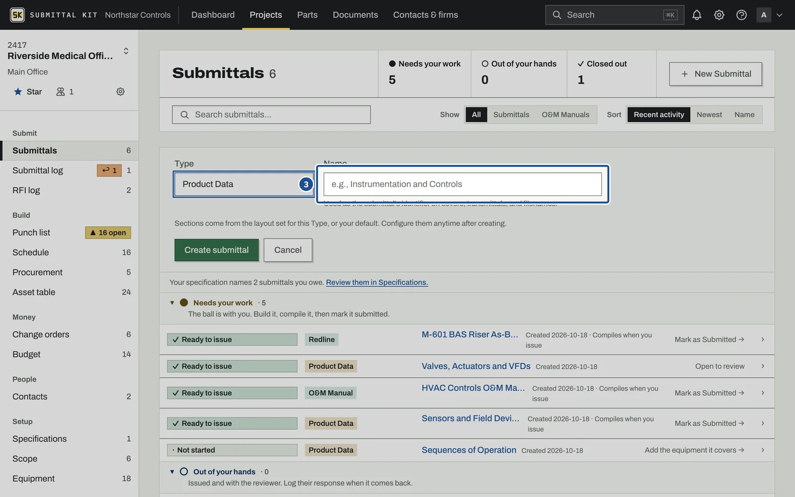 Create a Submittal, step 3: the screen with the control outlined