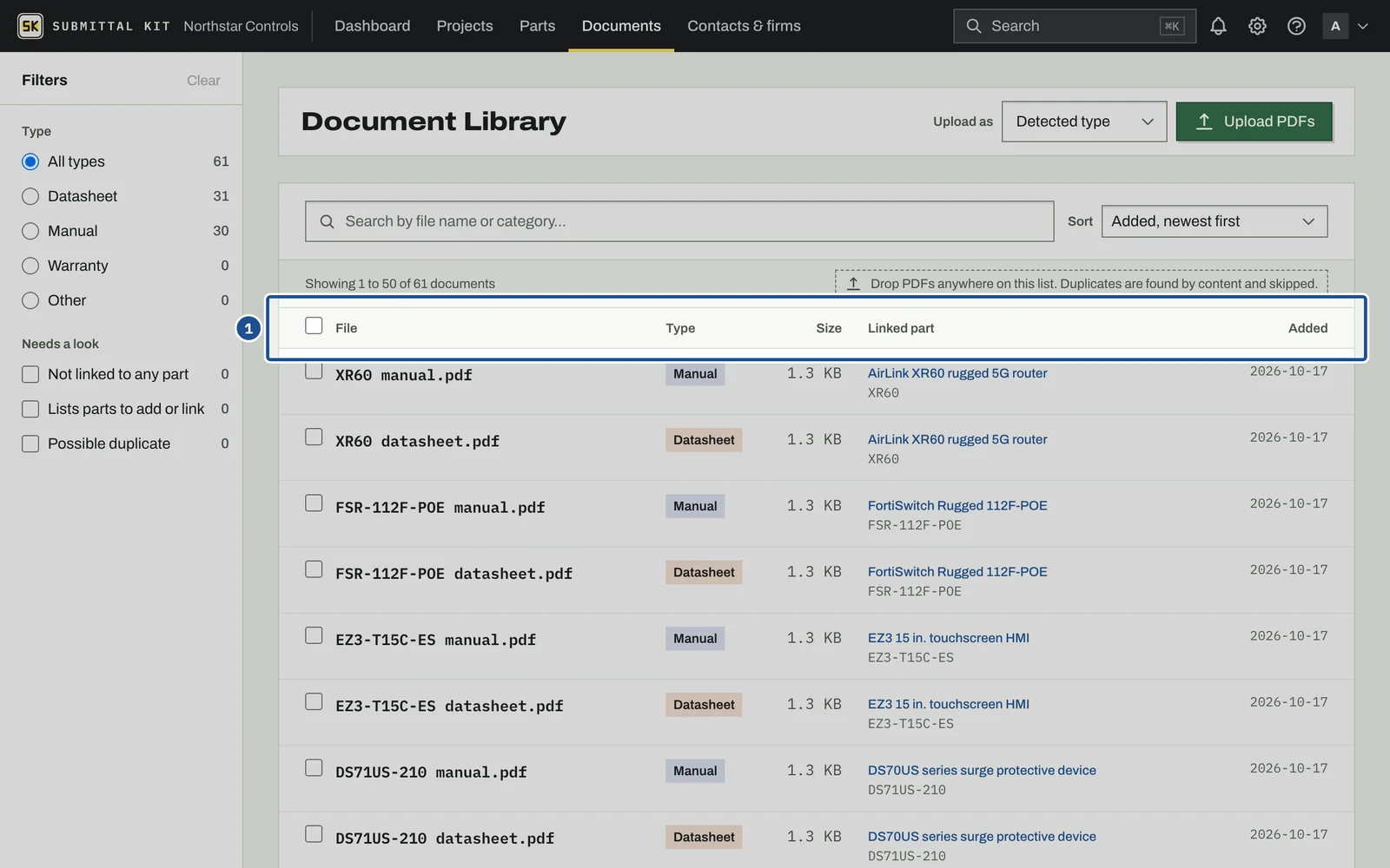 The Document Library, step 1: the screen with the control outlined