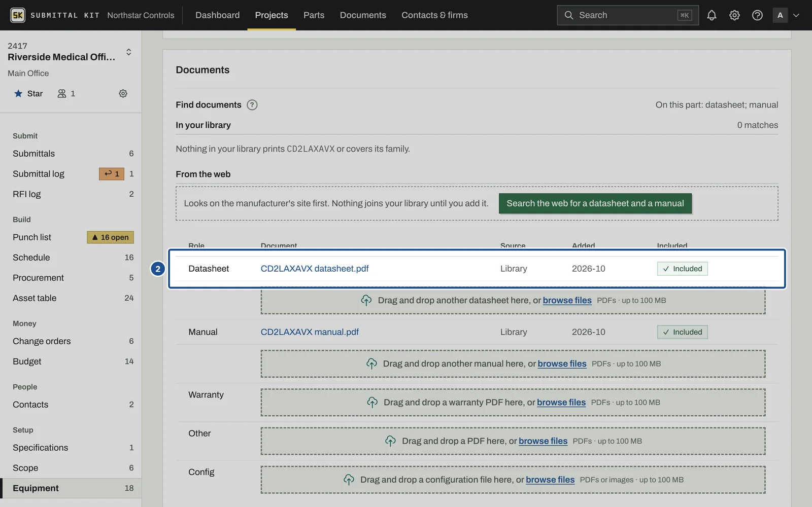 Equipment Documents, step 2: the screen with the control outlined