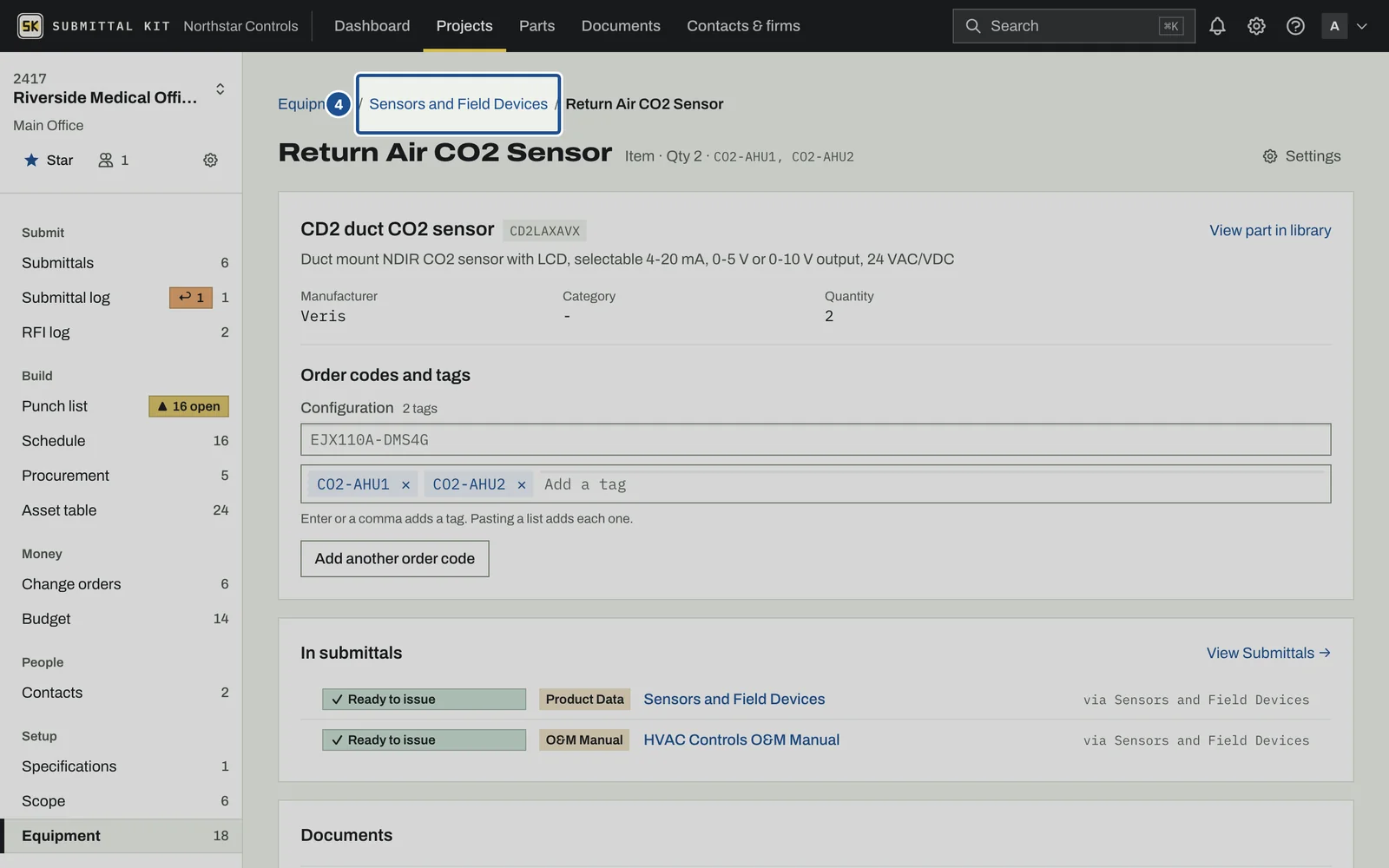 Equipment Documents, step 4: the screen with the control outlined