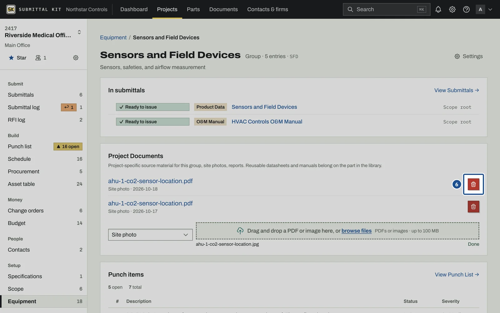 Equipment Documents, step 6: the screen with the control outlined