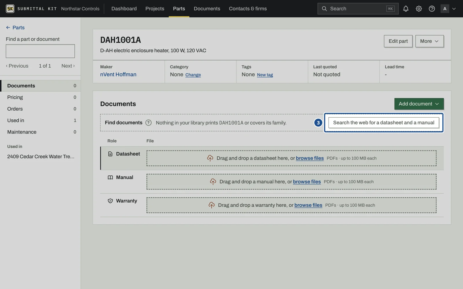 Find Datasheets, step 3: the screen with the control outlined