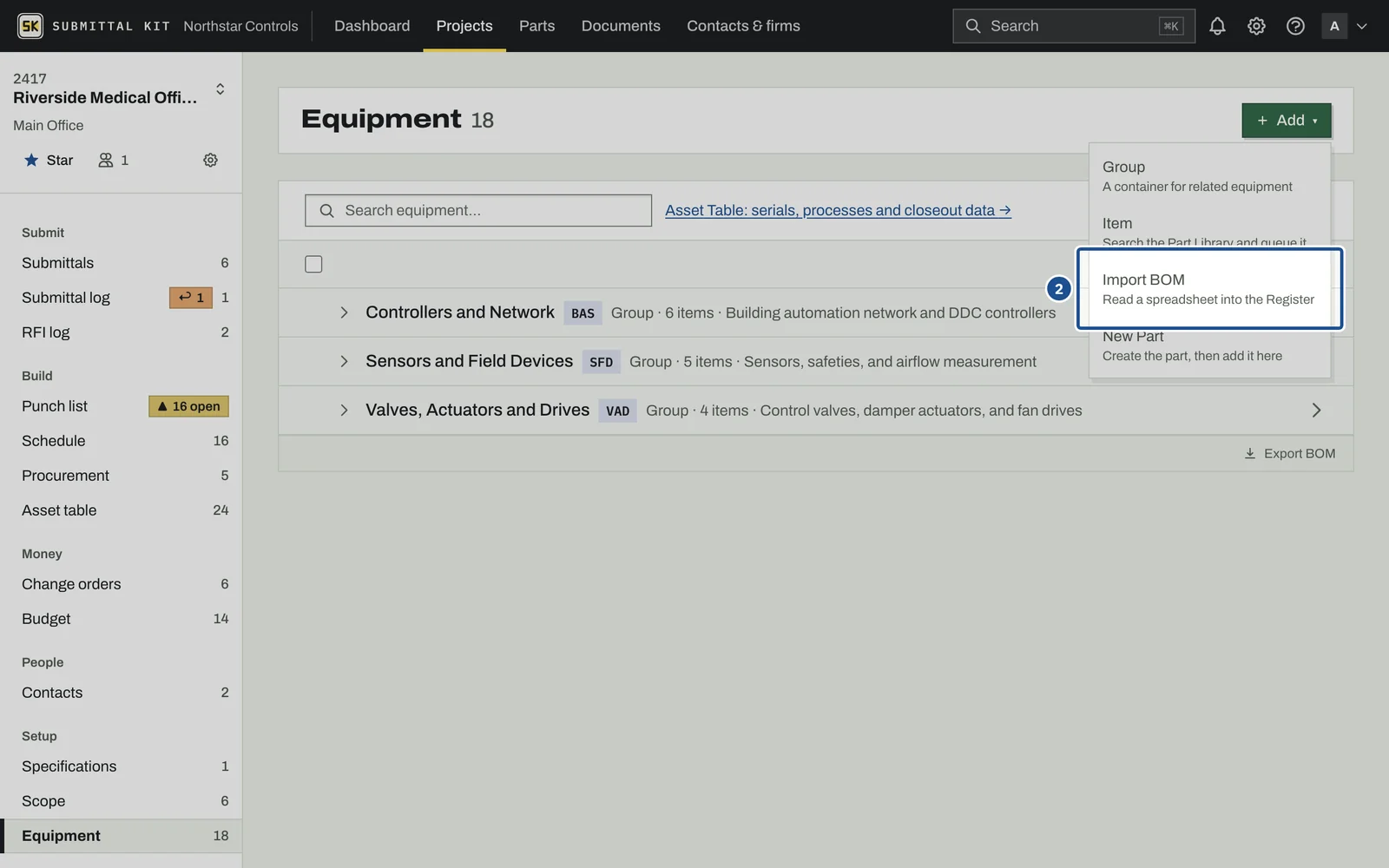 Import a BOM, step 2: the screen with the control outlined