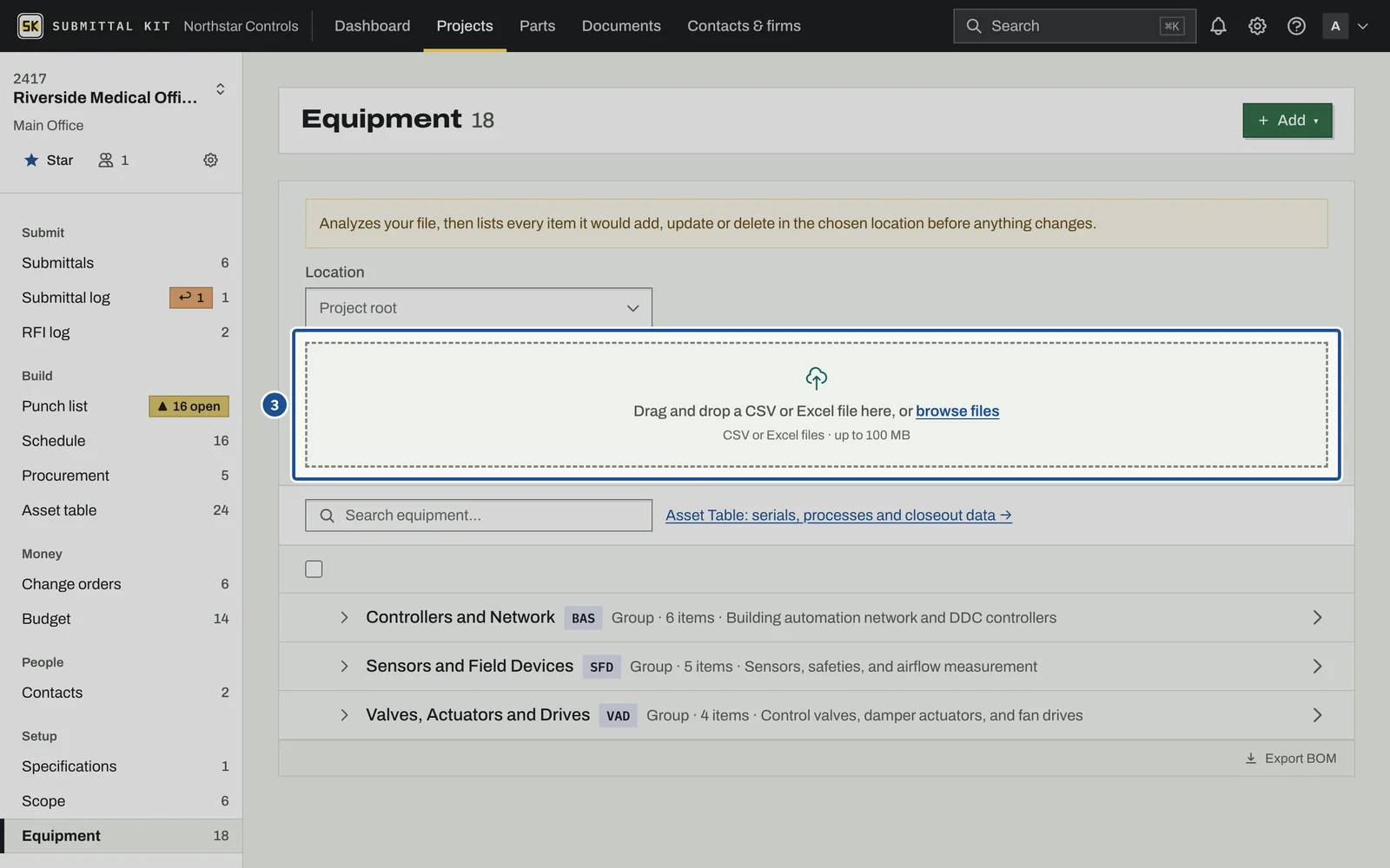 Import a BOM, step 3: the screen with the control outlined