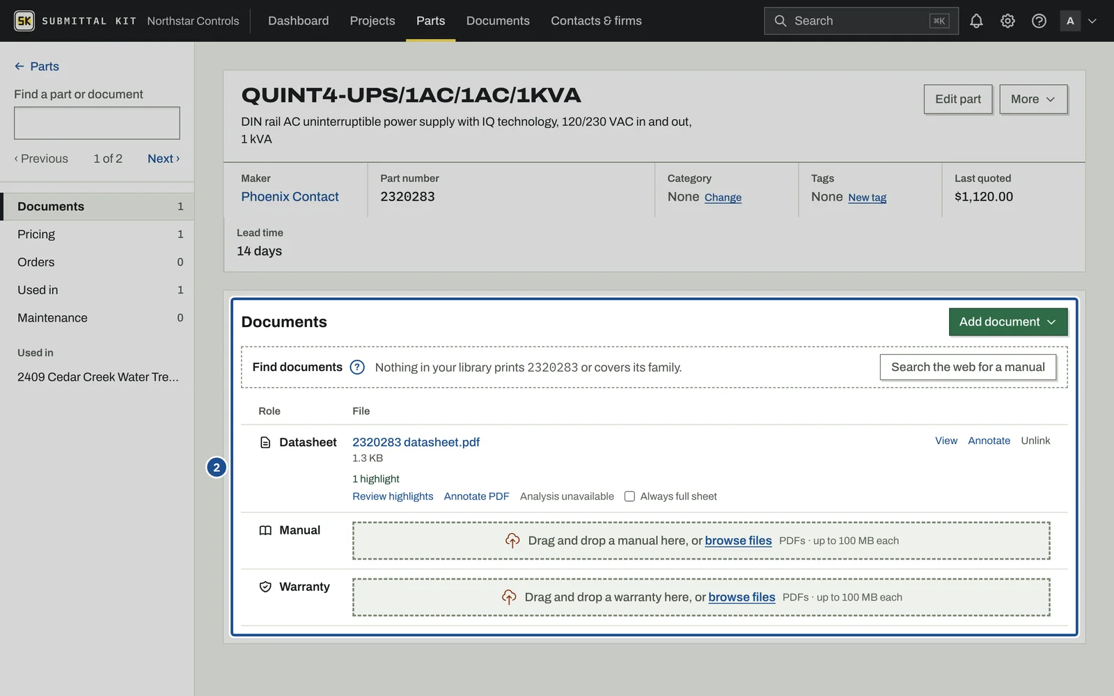 Part Documents, step 2: the screen with the control outlined
