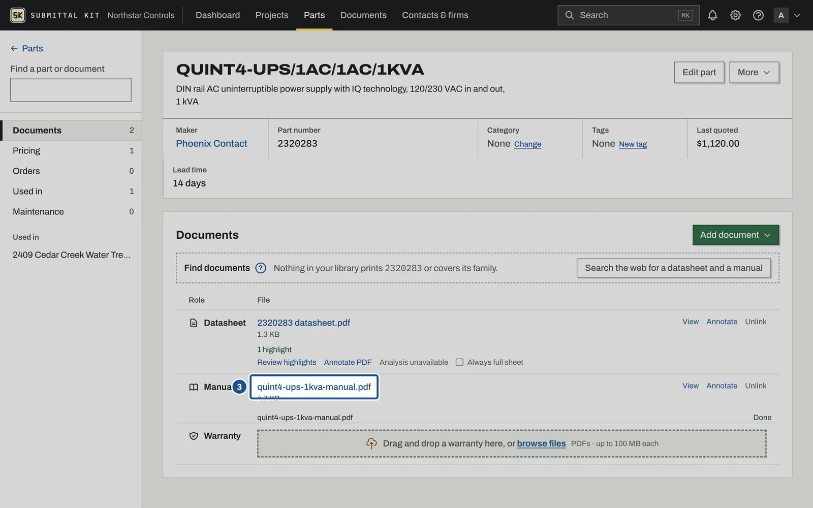 Part Documents, step 3: the screen with the control outlined