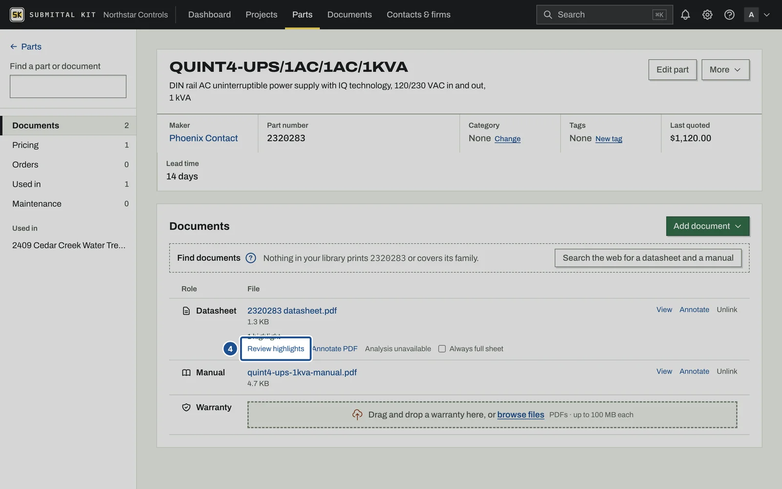 Part Documents, step 4: the screen with the control outlined