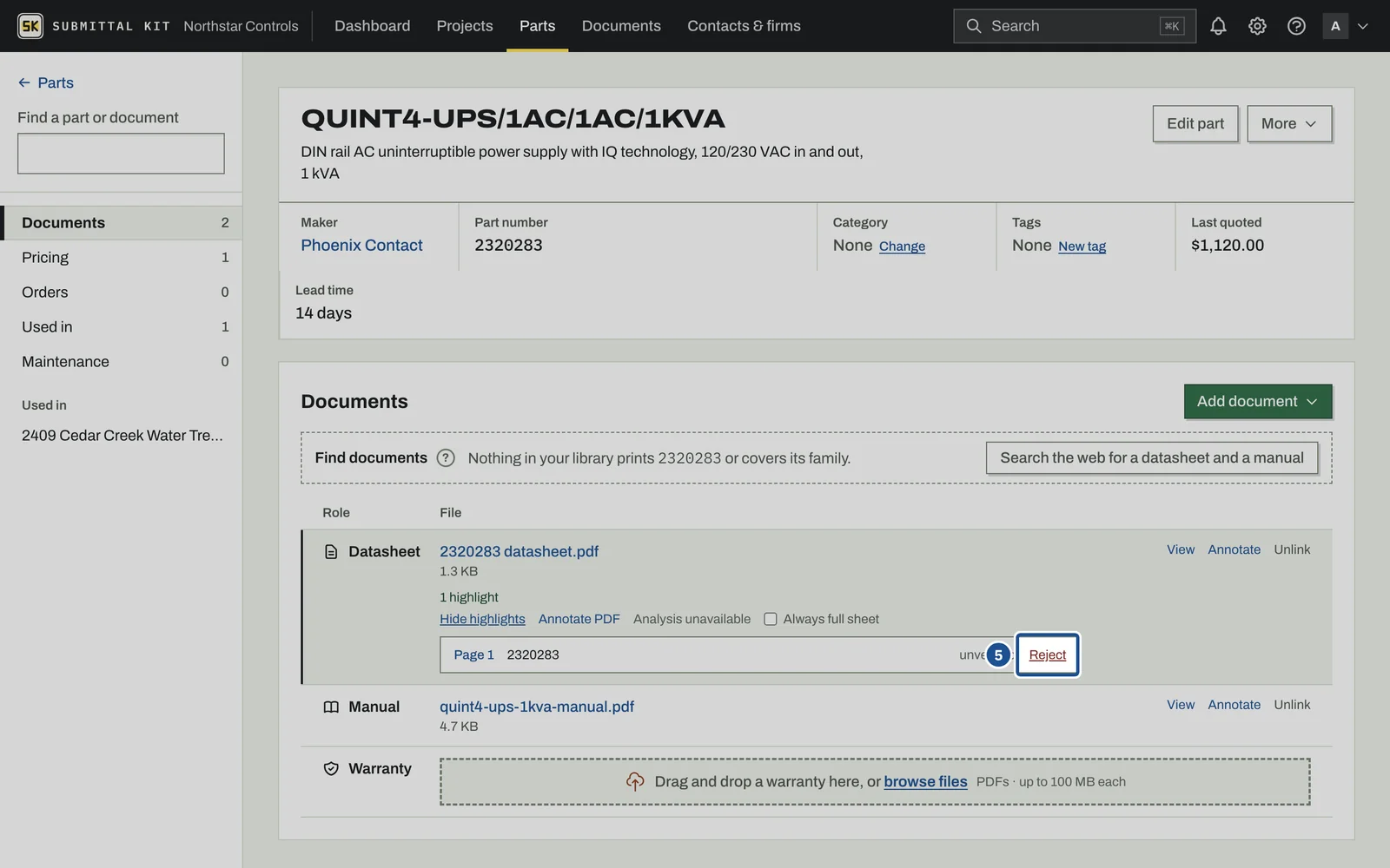 Part Documents, step 5: the screen with the control outlined