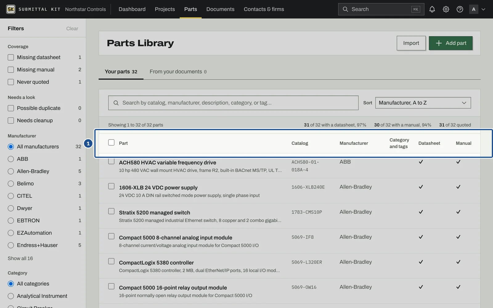 The Parts Library, step 1: the screen with the control outlined