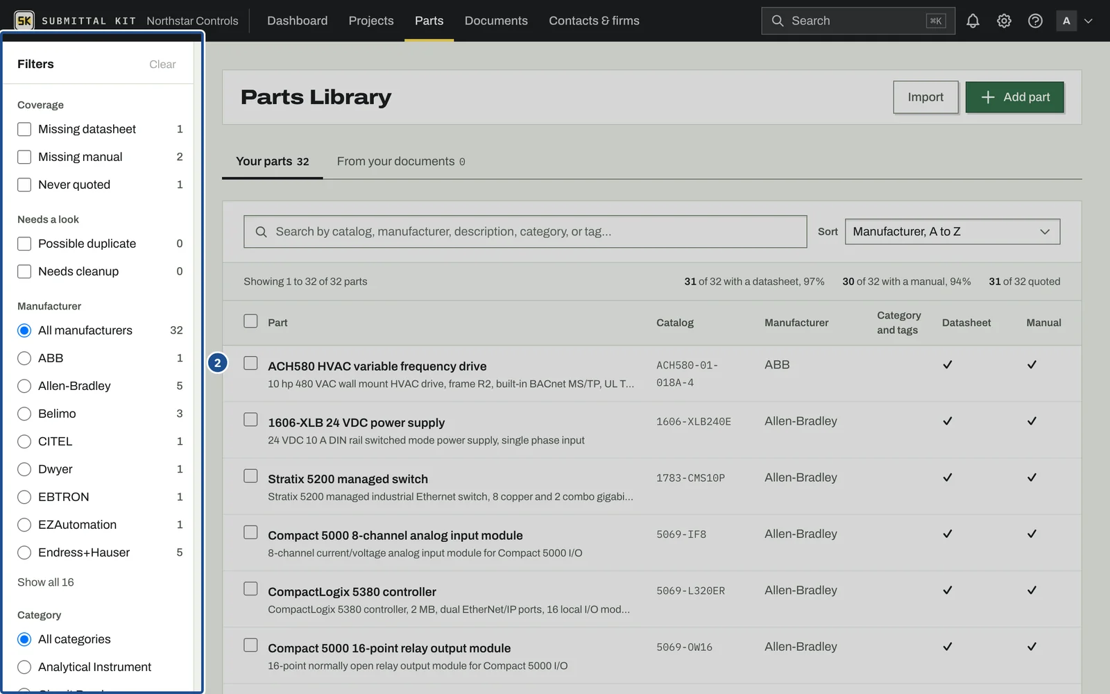 The Parts Library, step 2: the screen with the control outlined