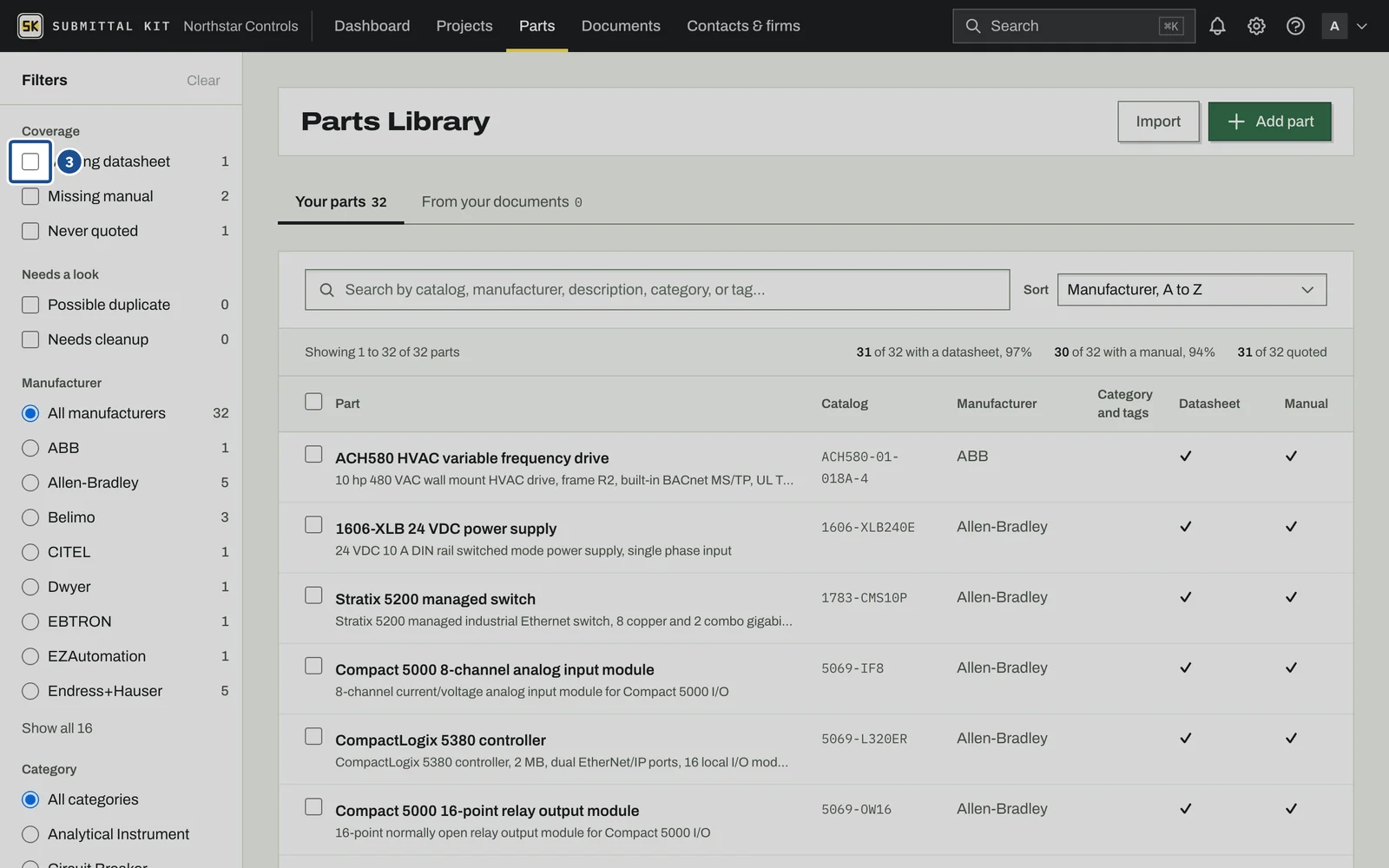 The Parts Library, step 3: the screen with the control outlined