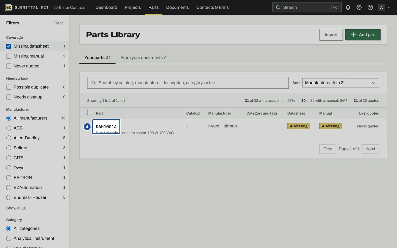 The Parts Library, step 4: the screen with the control outlined