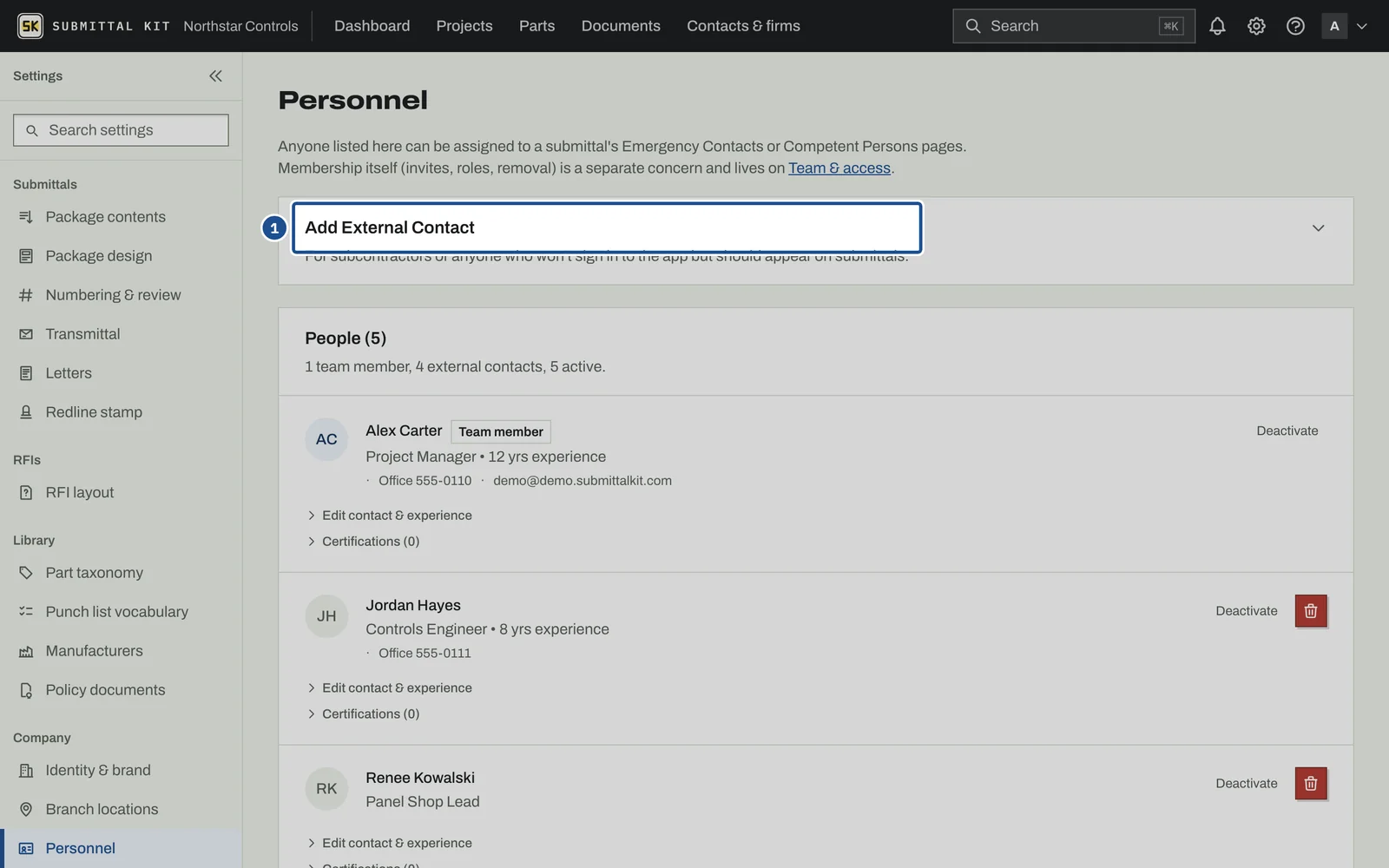 Personnel & Certifications, step 1: the screen with the control outlined