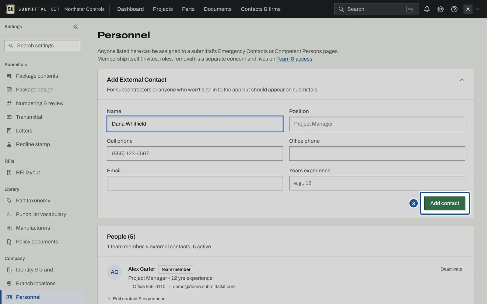 Personnel & Certifications, step 3: the screen with the control outlined