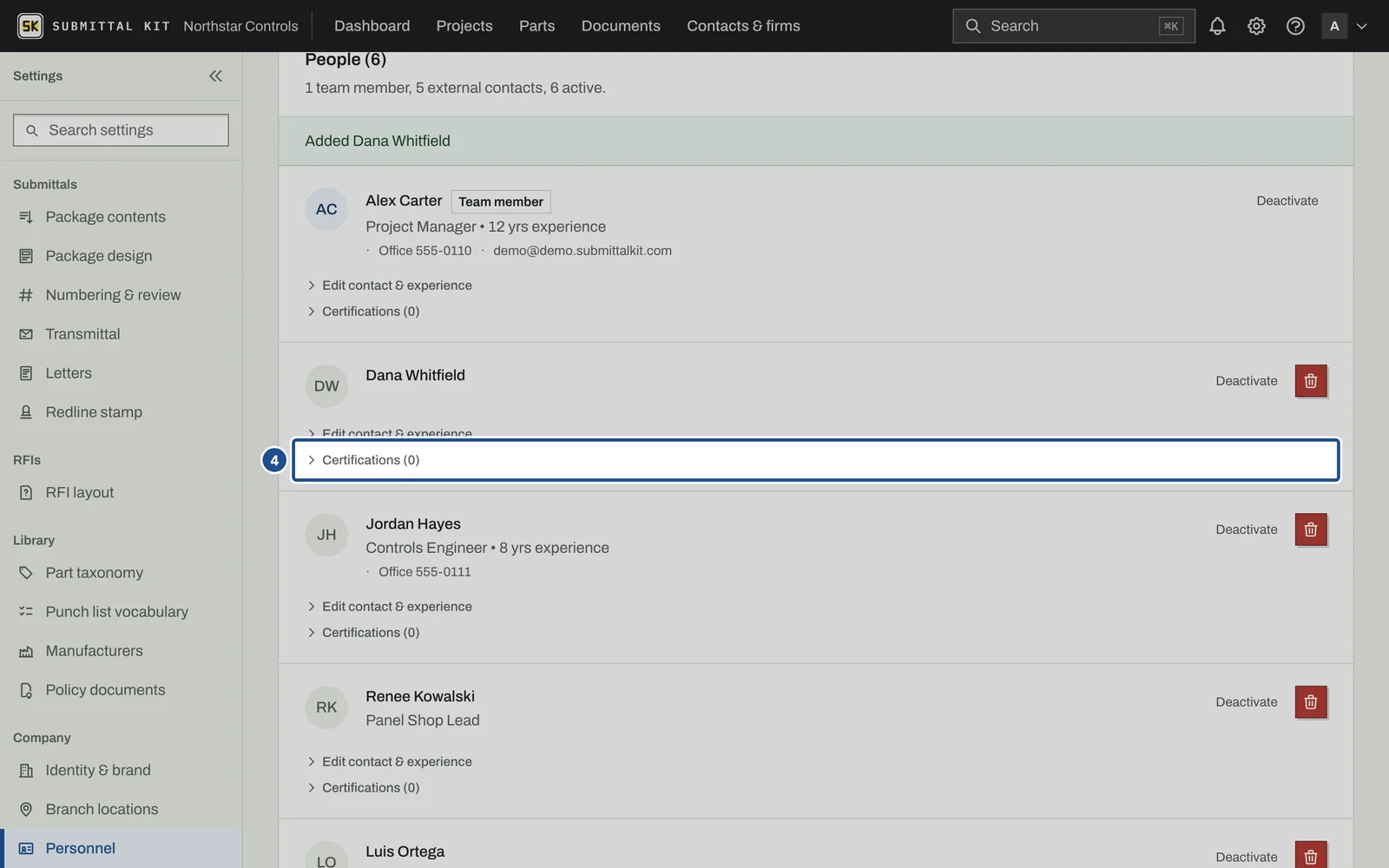 Personnel & Certifications, step 4: the screen with the control outlined