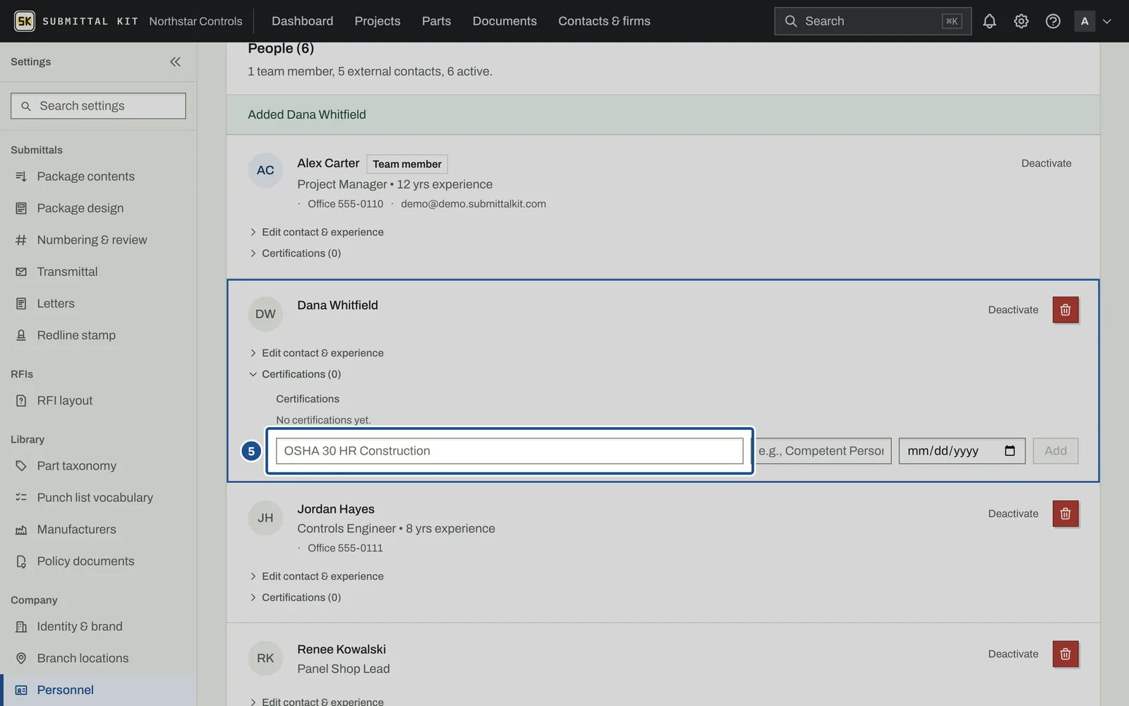 Personnel & Certifications, step 5: the screen with the control outlined