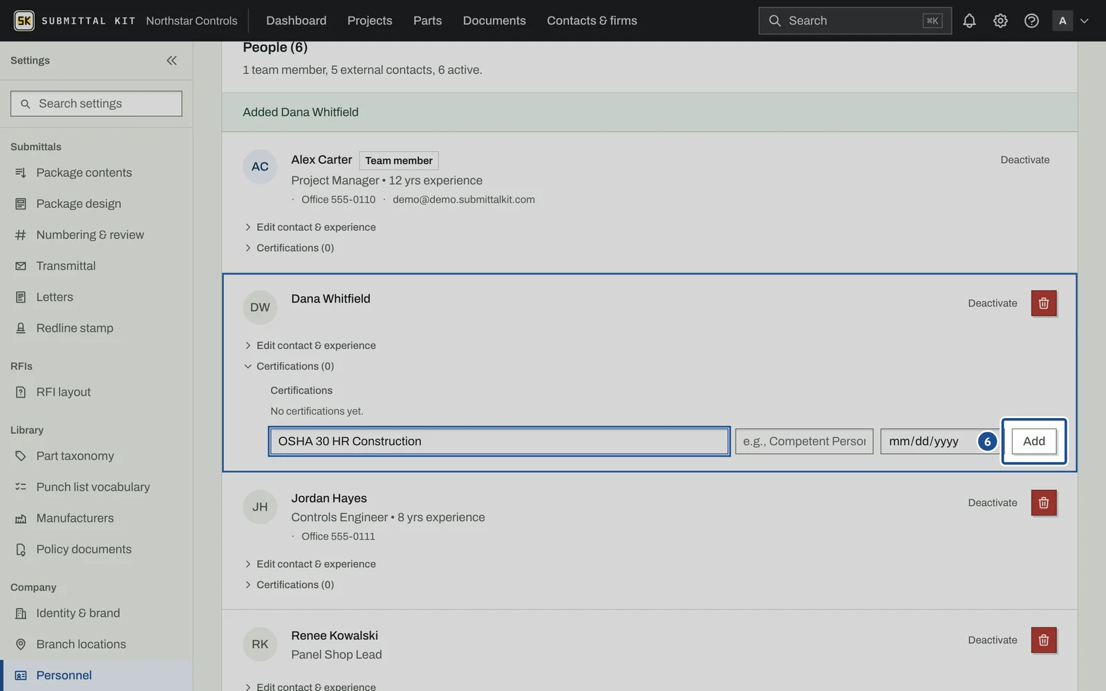 Personnel & Certifications, step 6: the screen with the control outlined