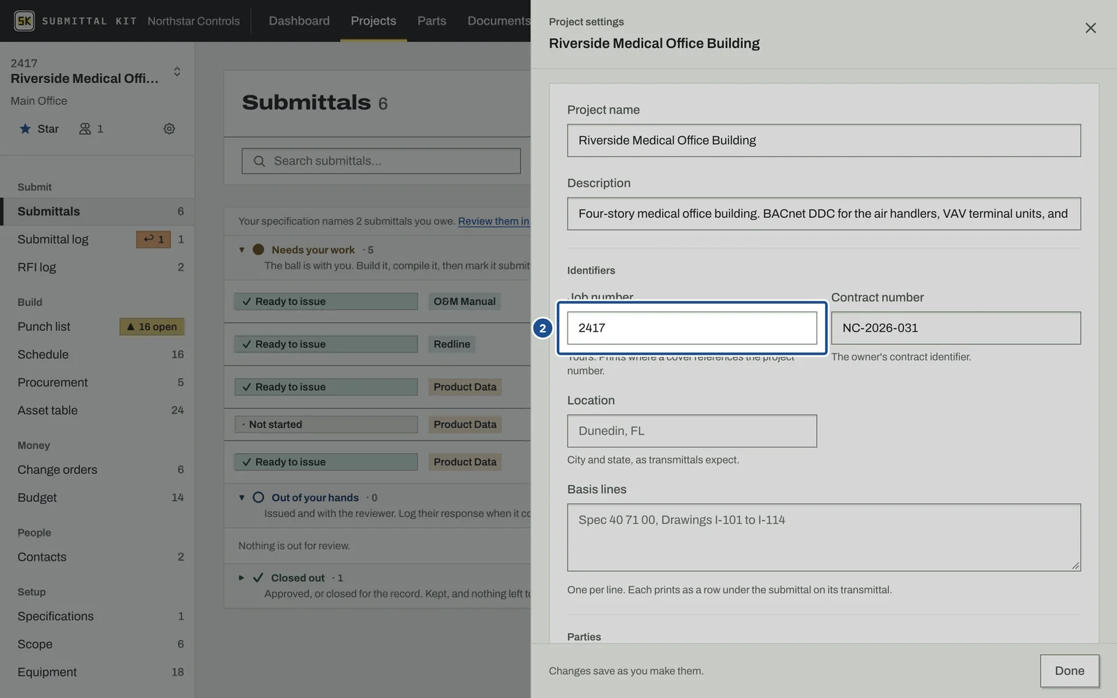 Project Settings, step 2: the screen with the control outlined