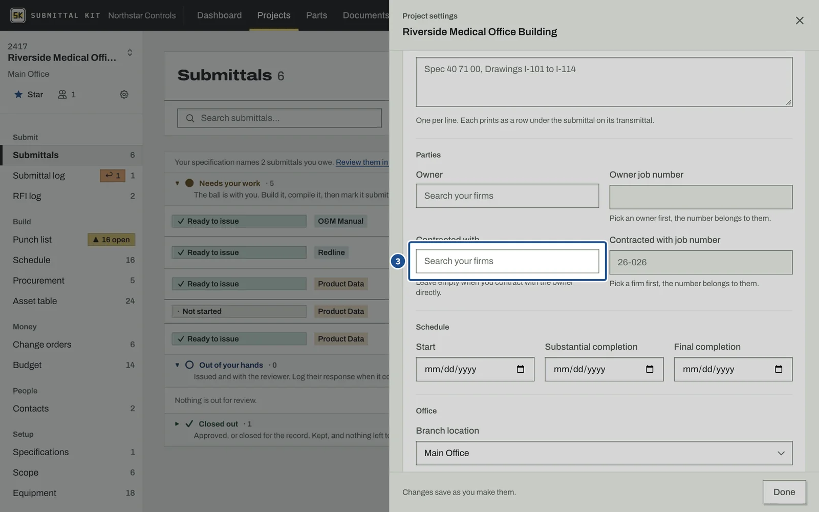 Project Settings, step 3: the screen with the control outlined