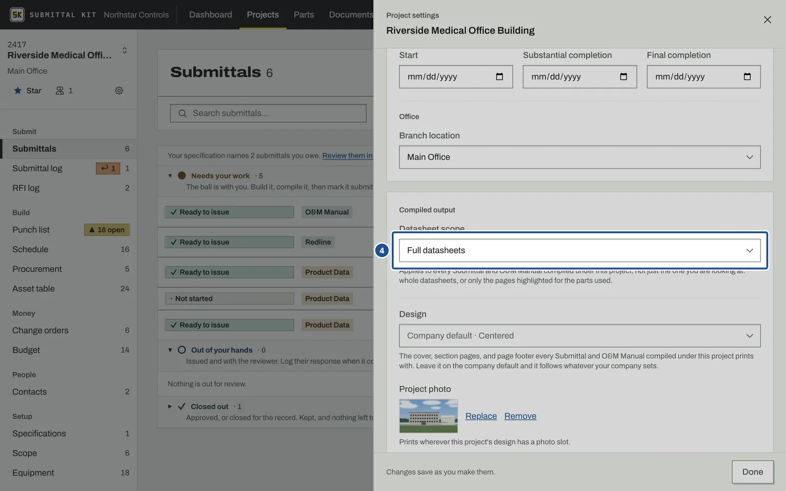 Project Settings, step 4: the screen with the control outlined