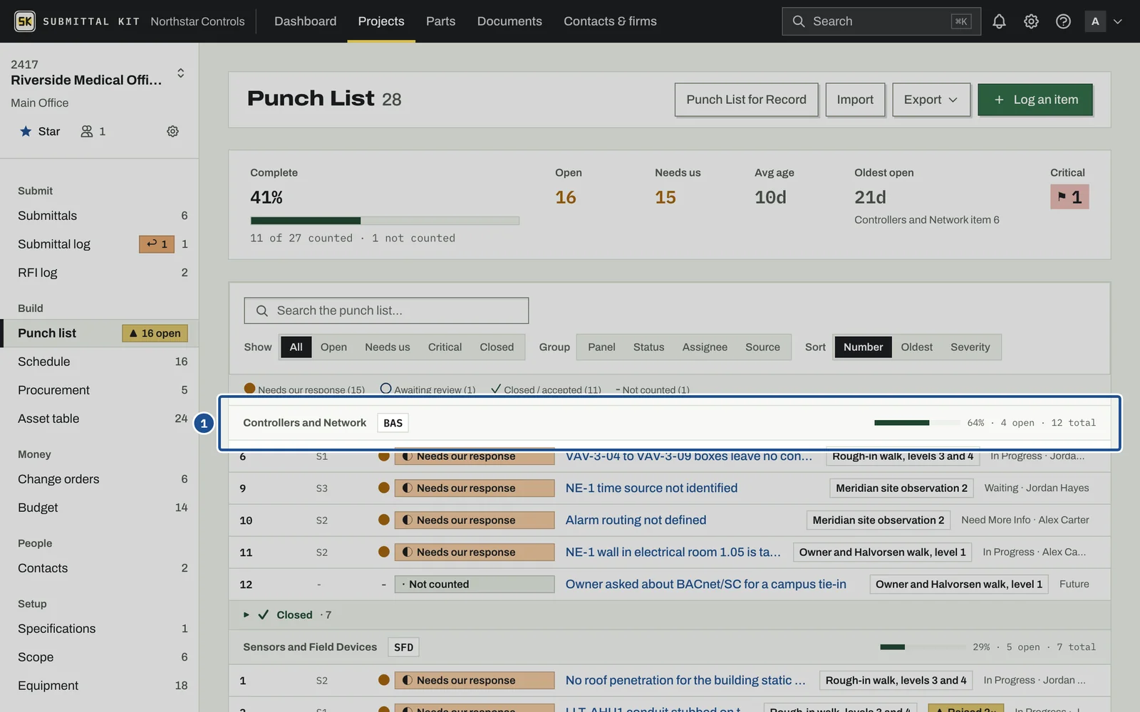 Punch Lists, step 1: the screen with the control outlined