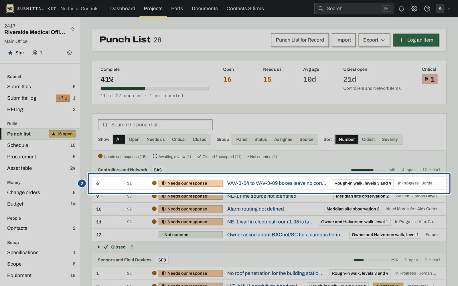 Punch Lists, step 2: the screen with the control outlined