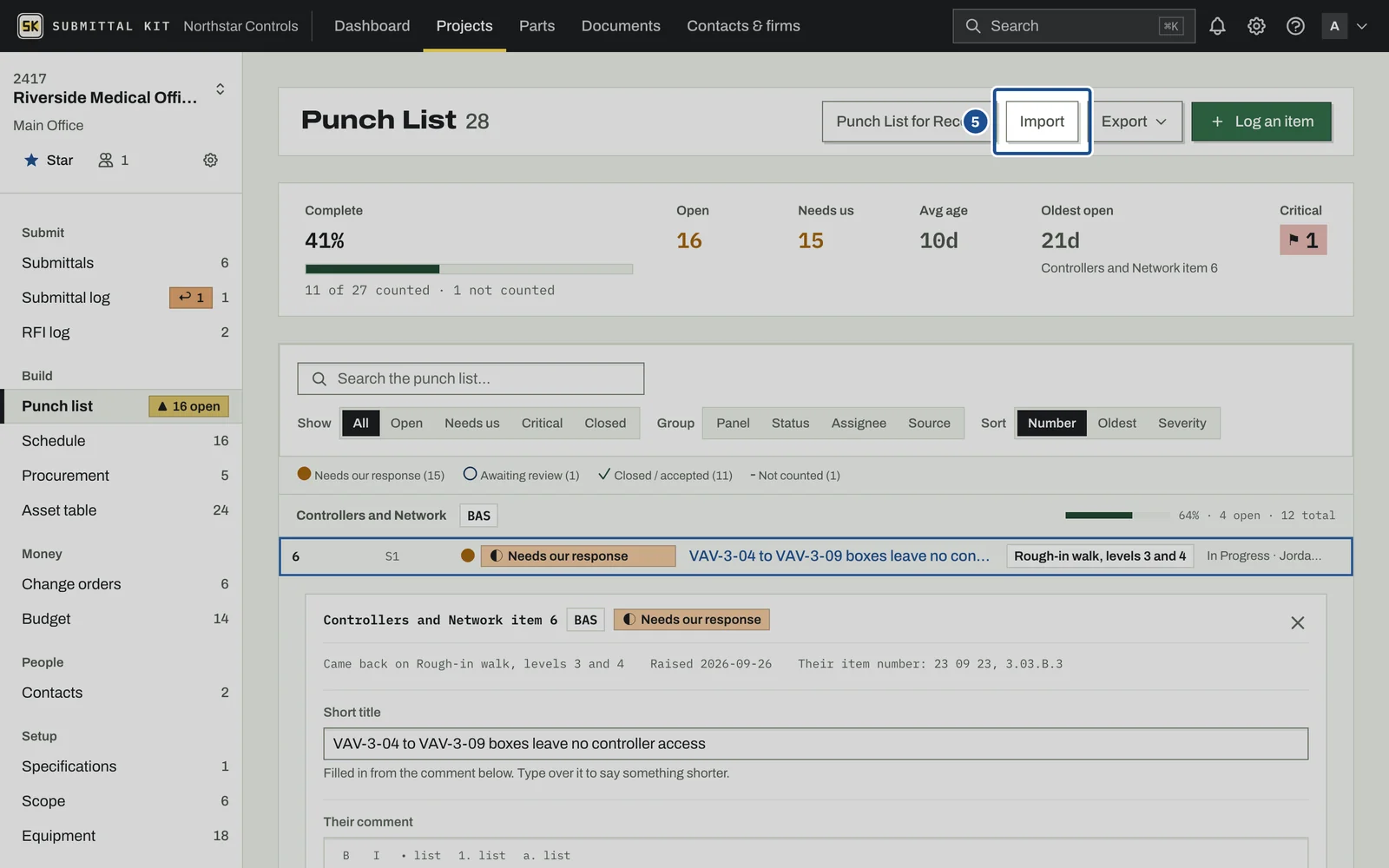 Punch Lists, step 5: the screen with the control outlined