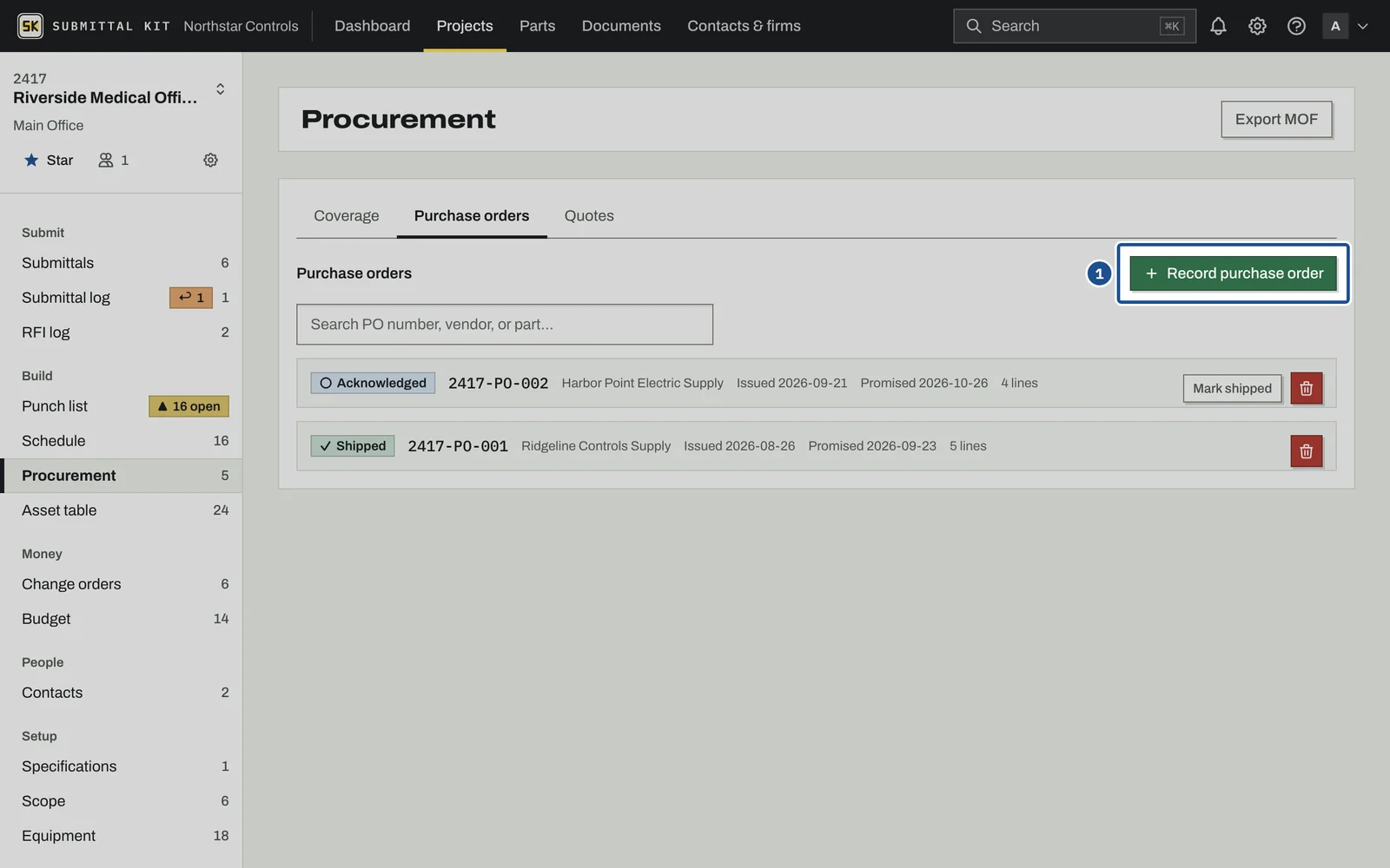 Quotes and Purchase Orders, step 1: the screen with the control outlined