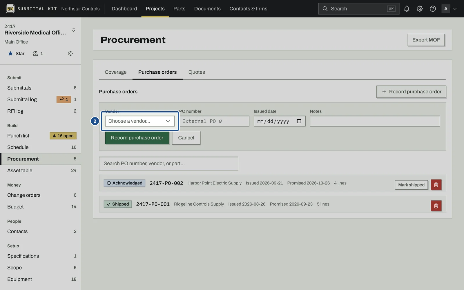 Quotes and Purchase Orders, step 2: the screen with the control outlined