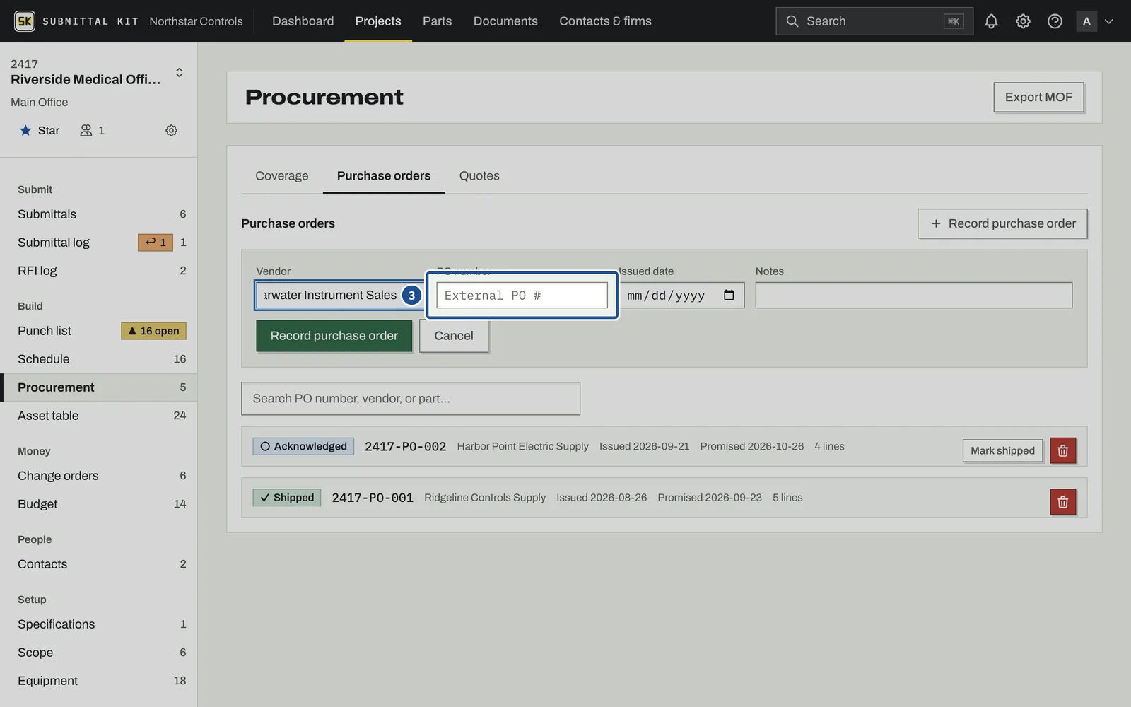 Quotes and Purchase Orders, step 3: the screen with the control outlined
