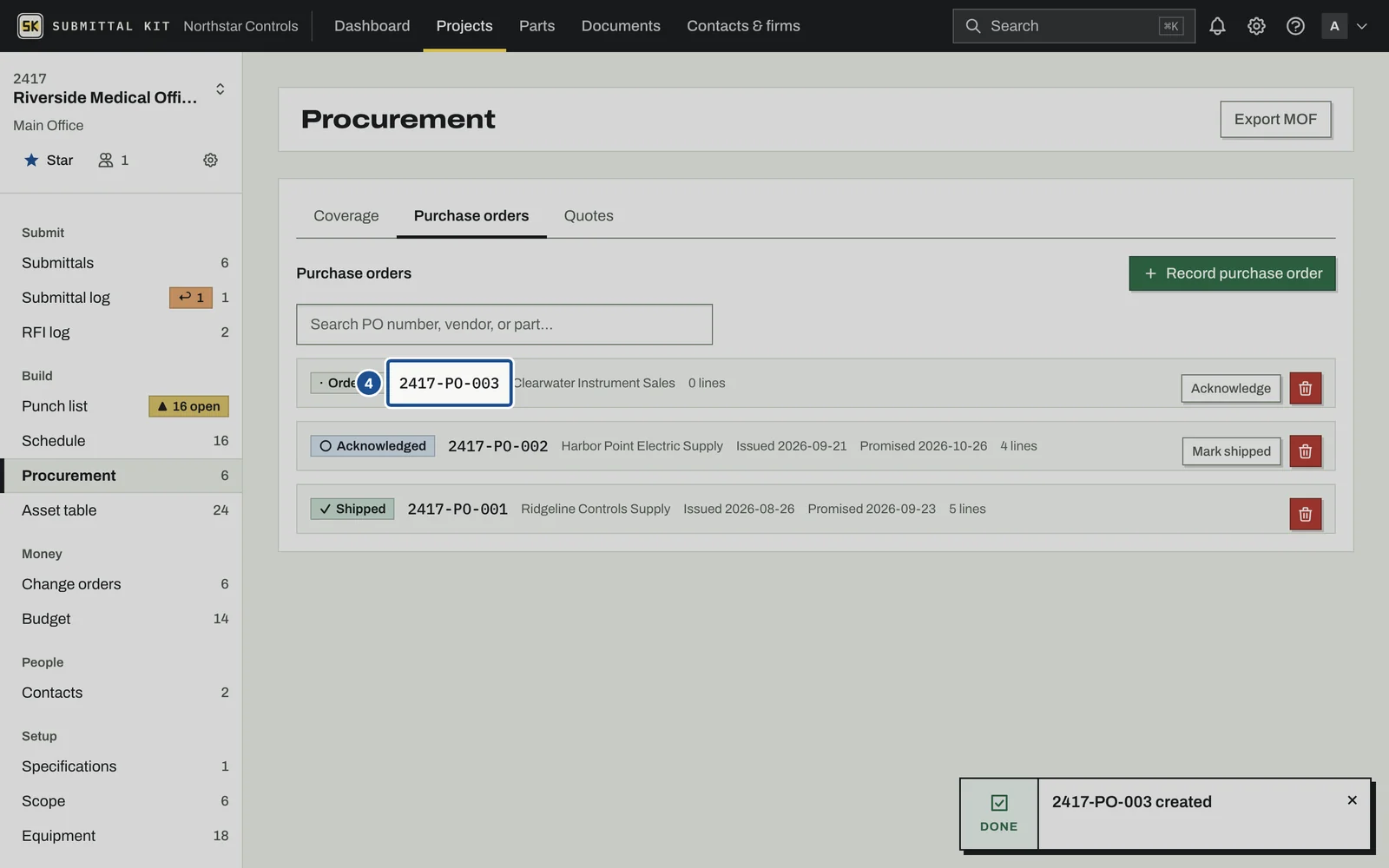 Quotes and Purchase Orders, step 4: the screen with the control outlined
